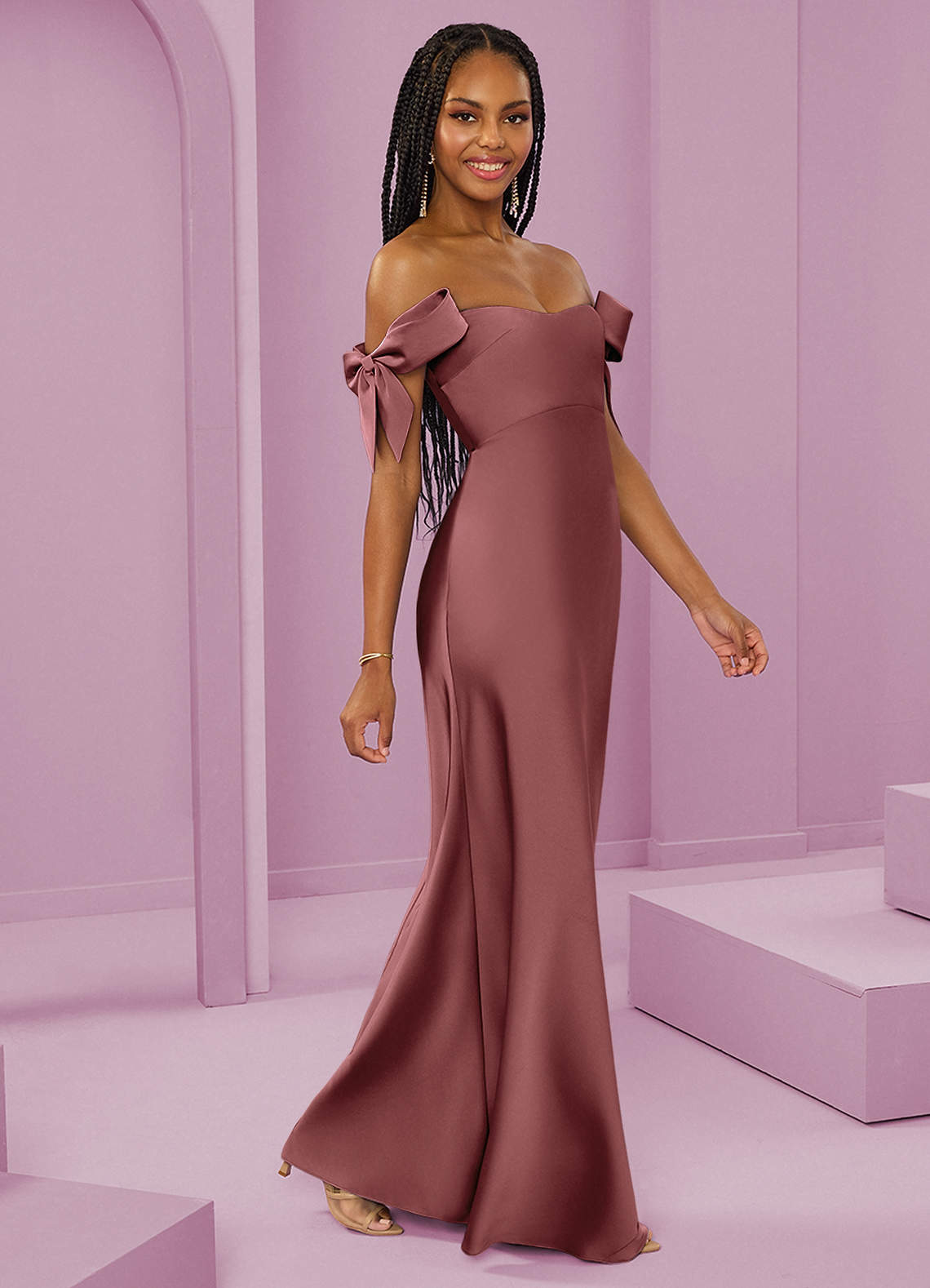 Barbie ♥ Azazie Vestidos de damas de honor Vestido de Amatista de Satén Elástico de Corte Recto Convertible con Vestidos sin tirantes image1
