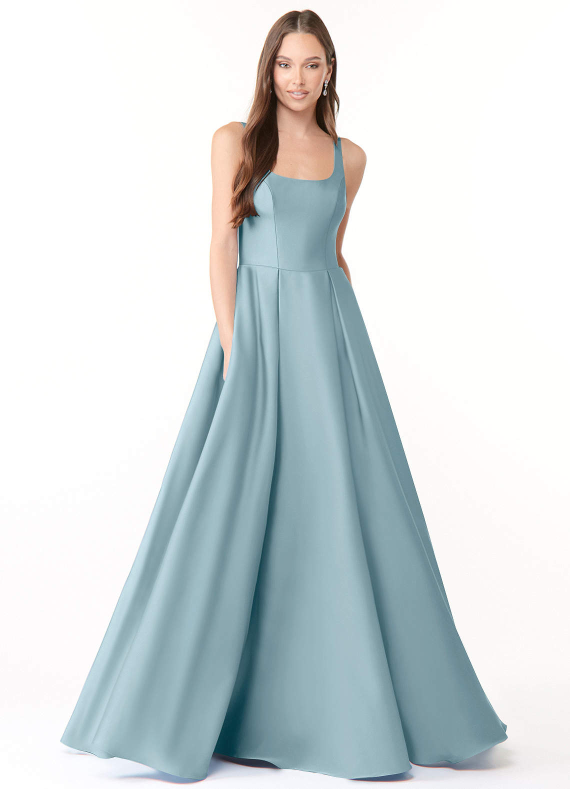 Azazie Neve Jurken voor bruidsmeisjes Jurk van Stretch Satijn met Baljurk met Zakken Mystiek Blauw image1