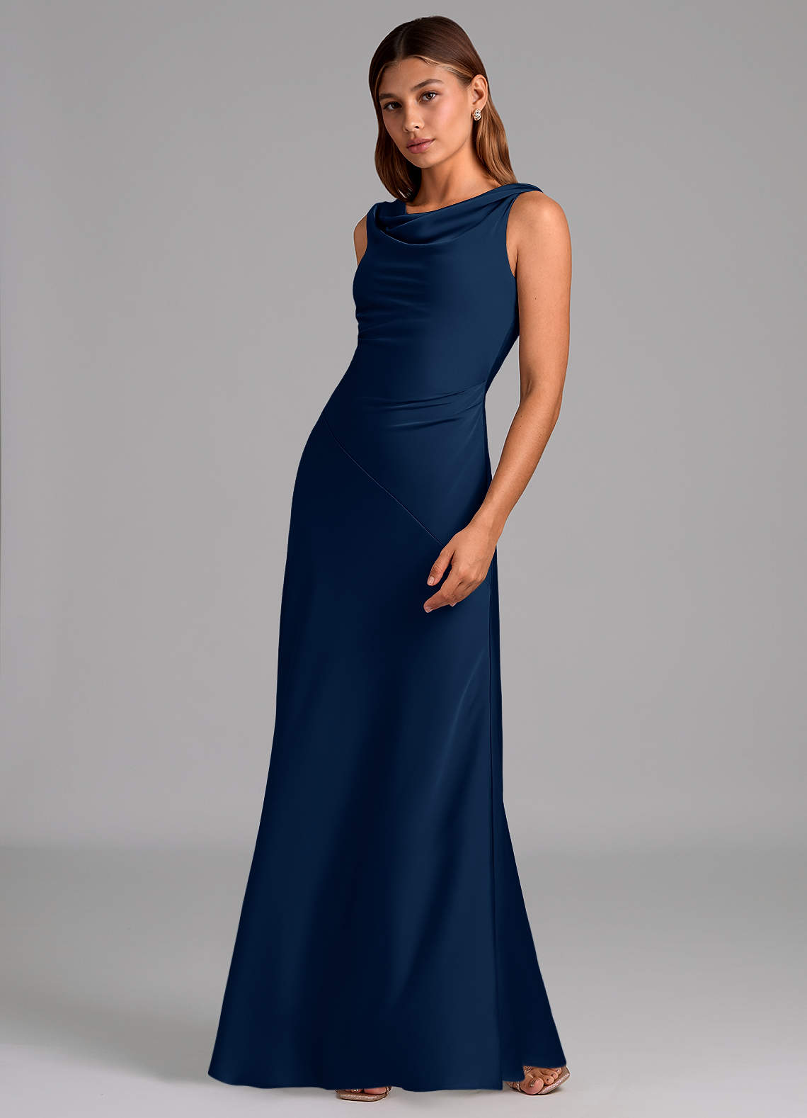 Azazie Nerine Brautjungfernkleider A-Linie Plissee Stretch-Satin Kleid Dunkelmarine image3