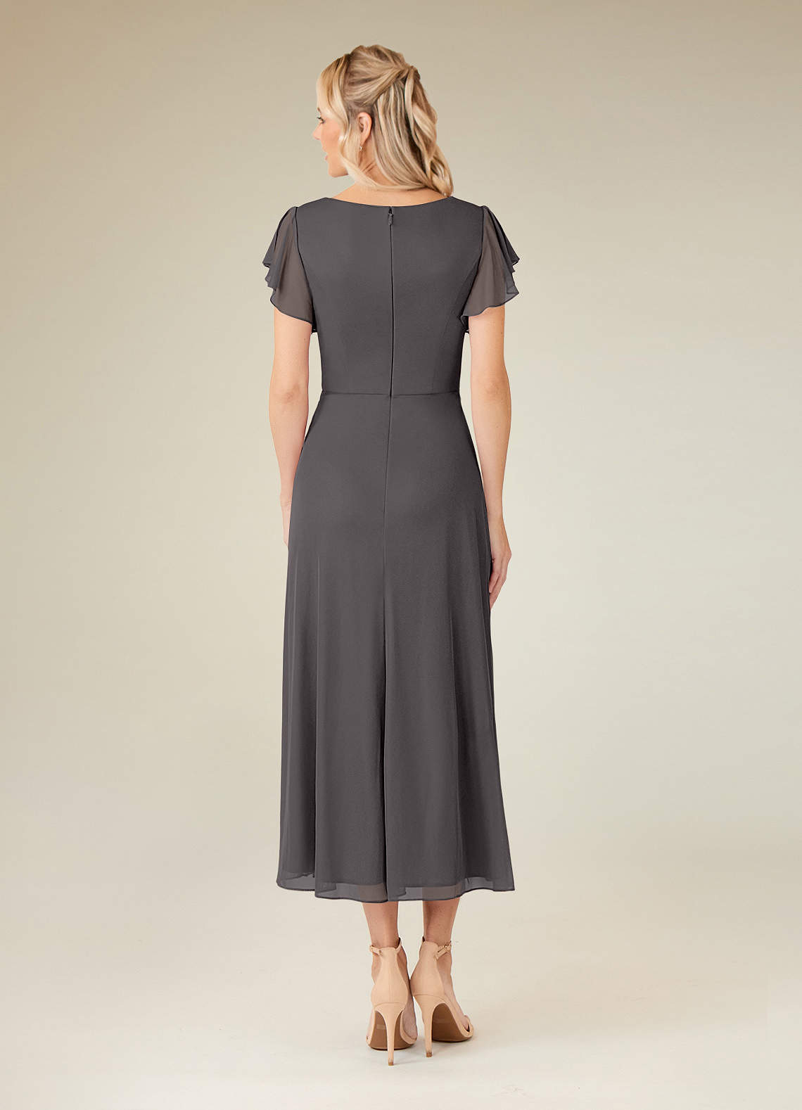 Azazie Vera Mother of the Bride Dresses Steel Grey A-Line V-Neck Pleated Mesh Dress image3