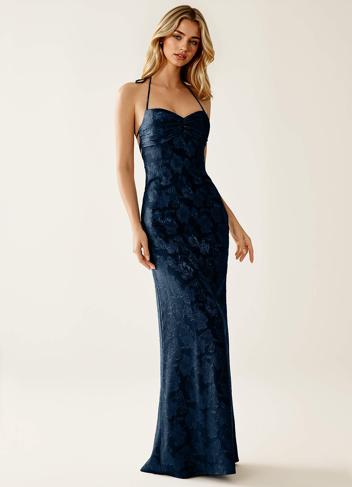 Angena Navy Halter Twist Floral Burnout Maxi Dress