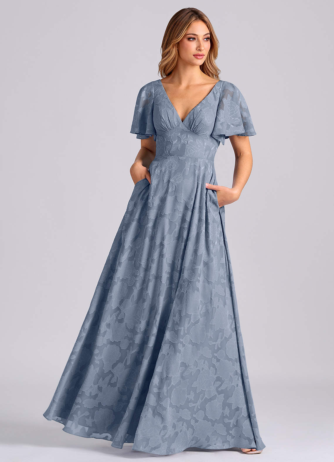 Azazie Kimber At-home Try On Dresses Dusty Blue A-Line with Pockets Floral Burnout Dress image6