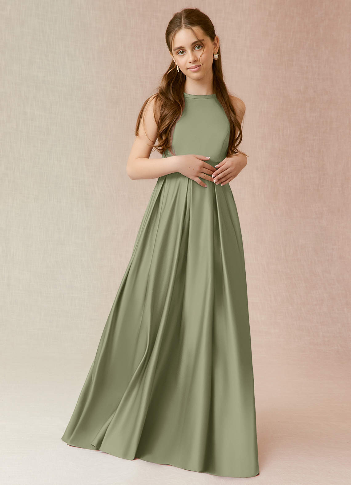 Azazie Arianthe Junior Pistachio A-Line with Pockets Matte Satin Dress image1