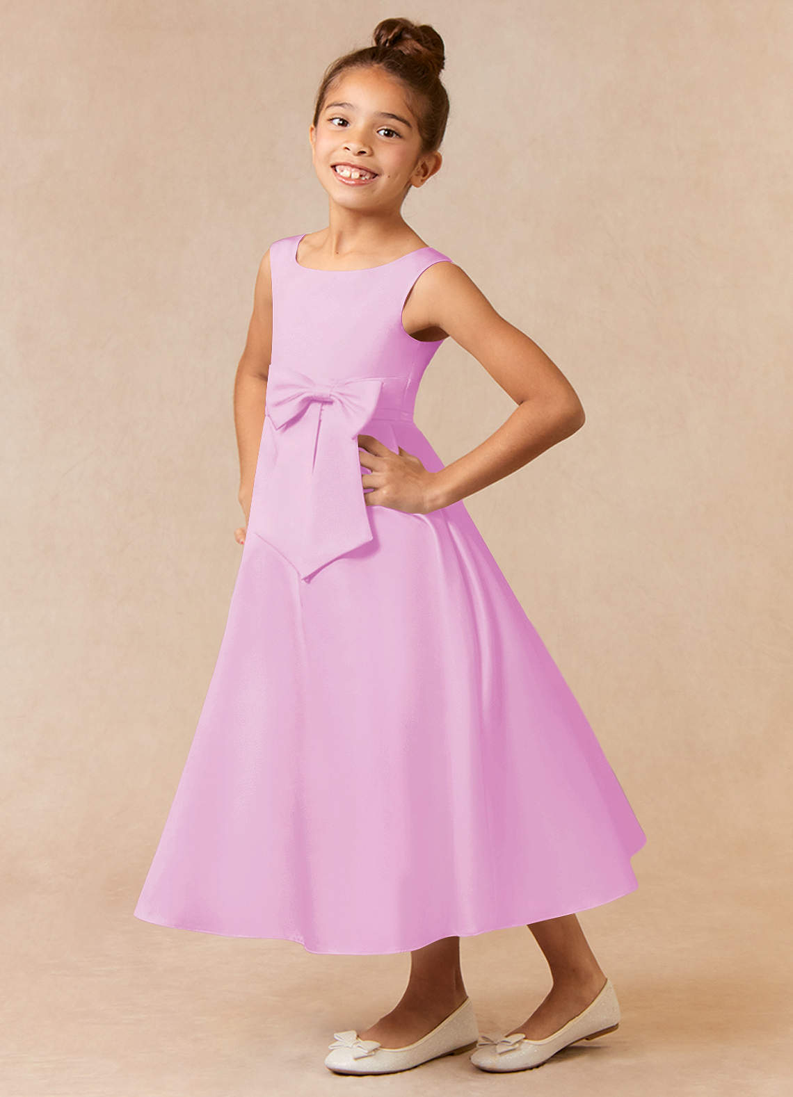 Azazie Lindy Flower Girl Dresses Candy Pink A-Line Pleated Matte Satin Dress image1