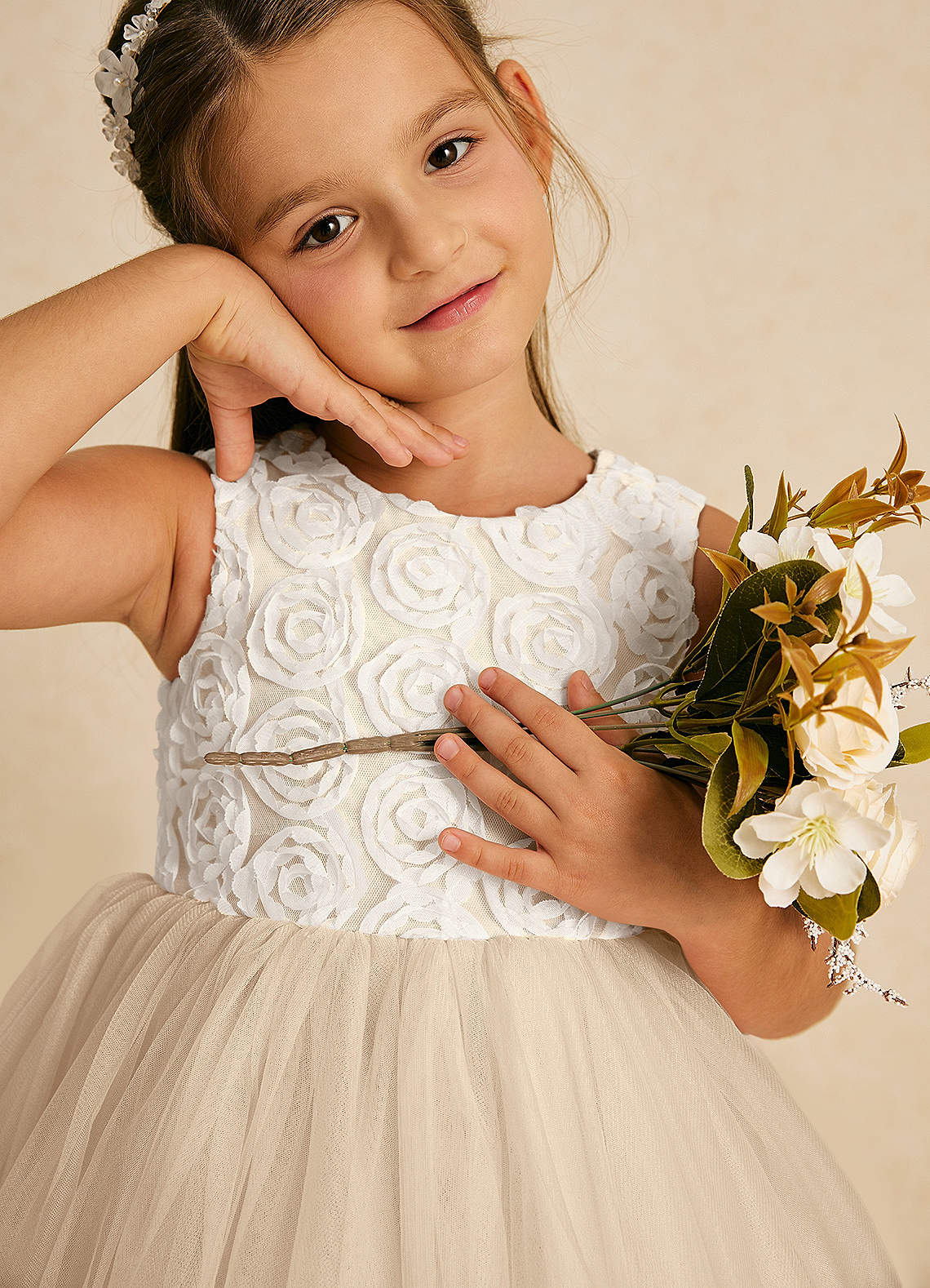 Azazie Missy Flower Girl Dresses Ivory Champagne A-Line Sleeveless Tulle Dress image1