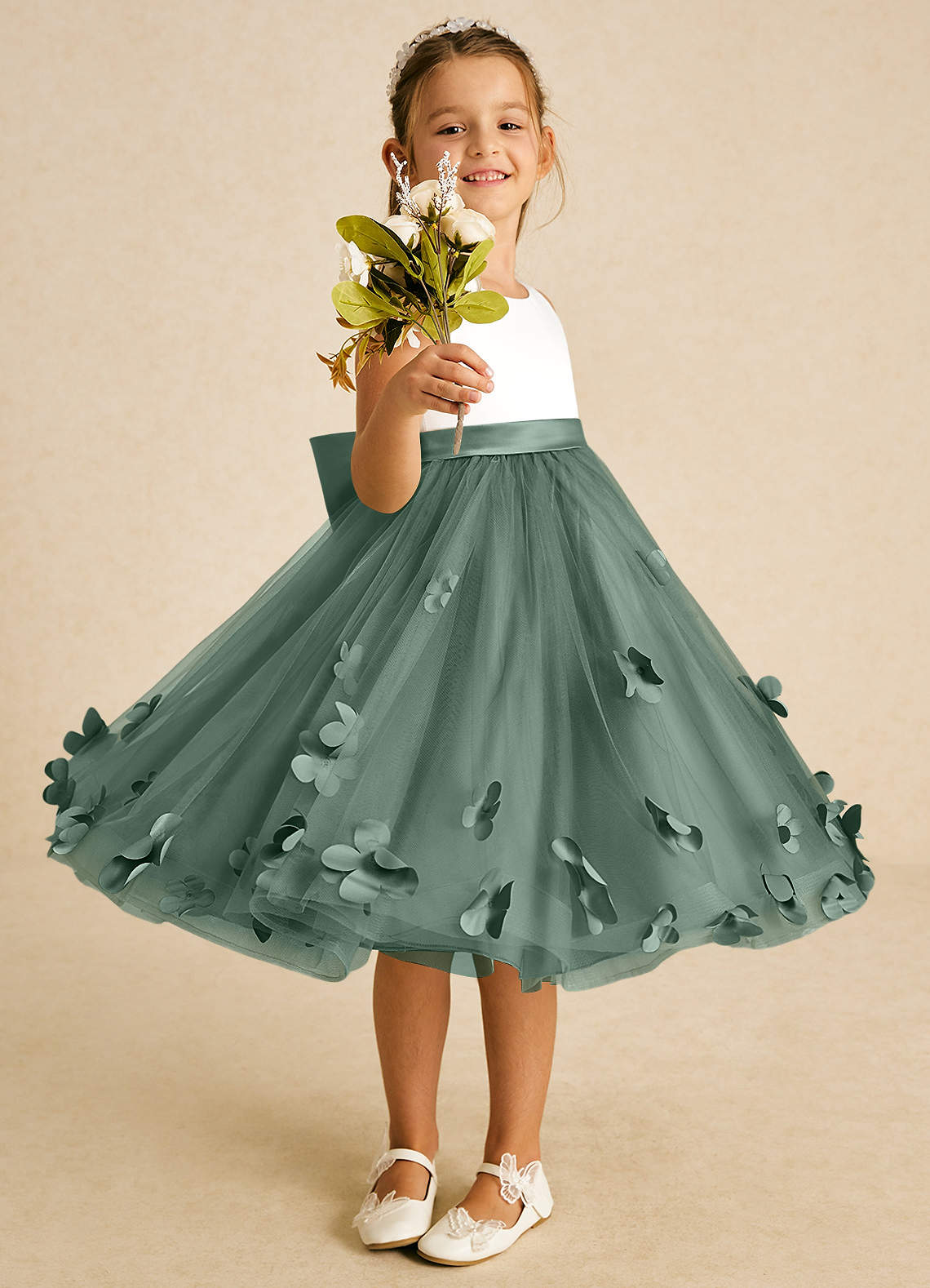 Azazie Sprout Flower Girl Dresses Eucalyptus A-Line Bow Tulle Dress image1