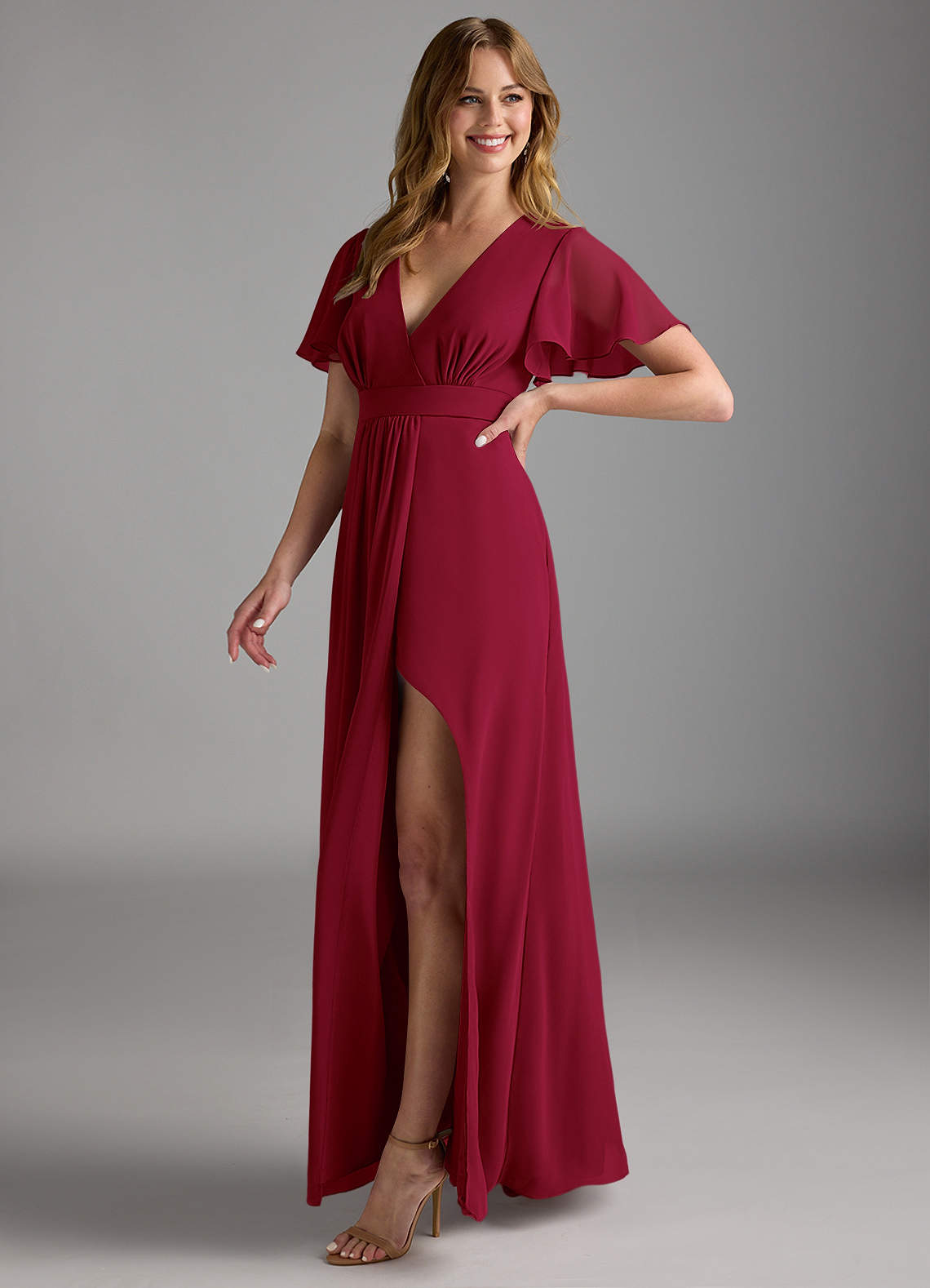 burgundy chiffon wrap dress Burgundy V-neck Chiffon Ruffle Wrap Midi Dress
