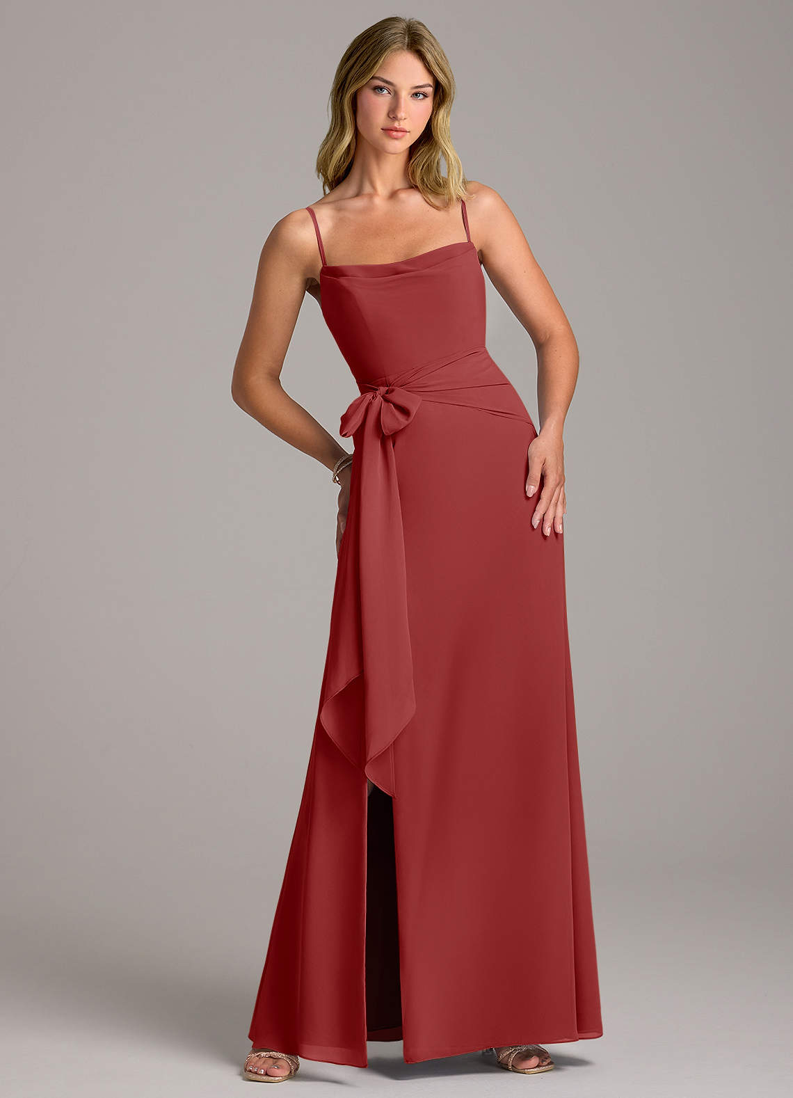 Azazie Tahlia Bridesmaid Dresses Rust A-Line with Belt Chiffon Dress image1