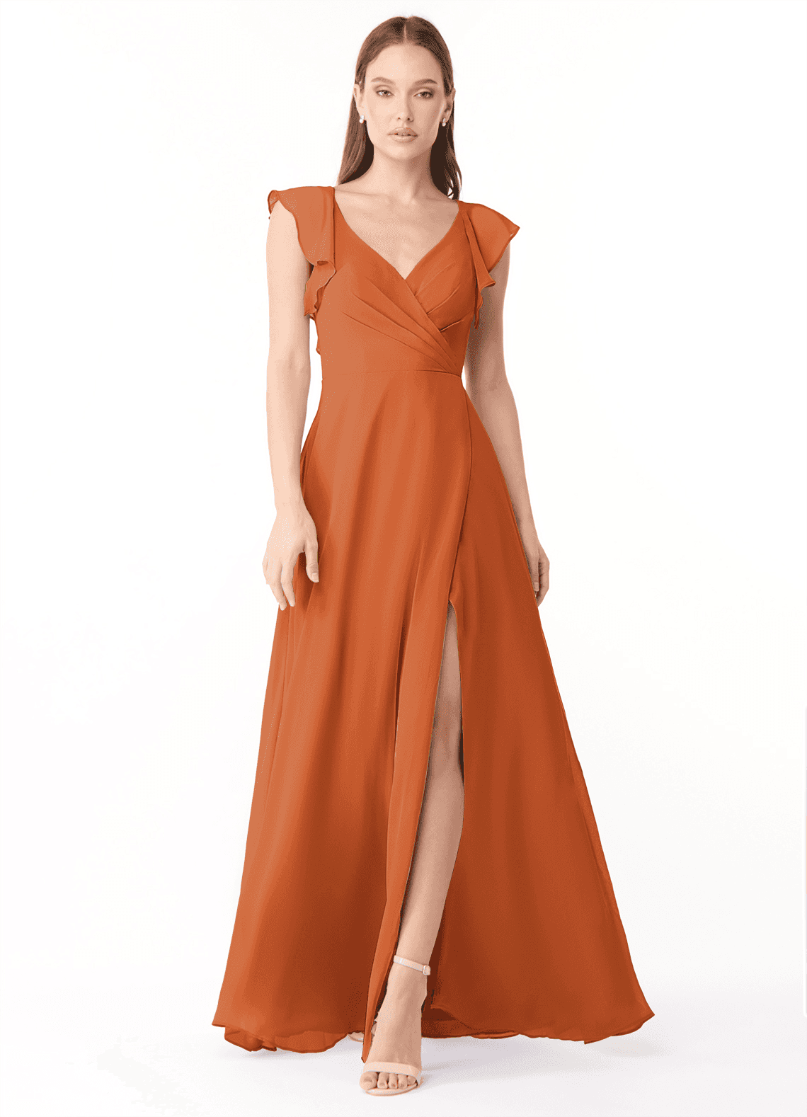 Azazie Yoko Bridesmaid Dresses Cinnamon A-Line Ruched Chiffon Dress image1