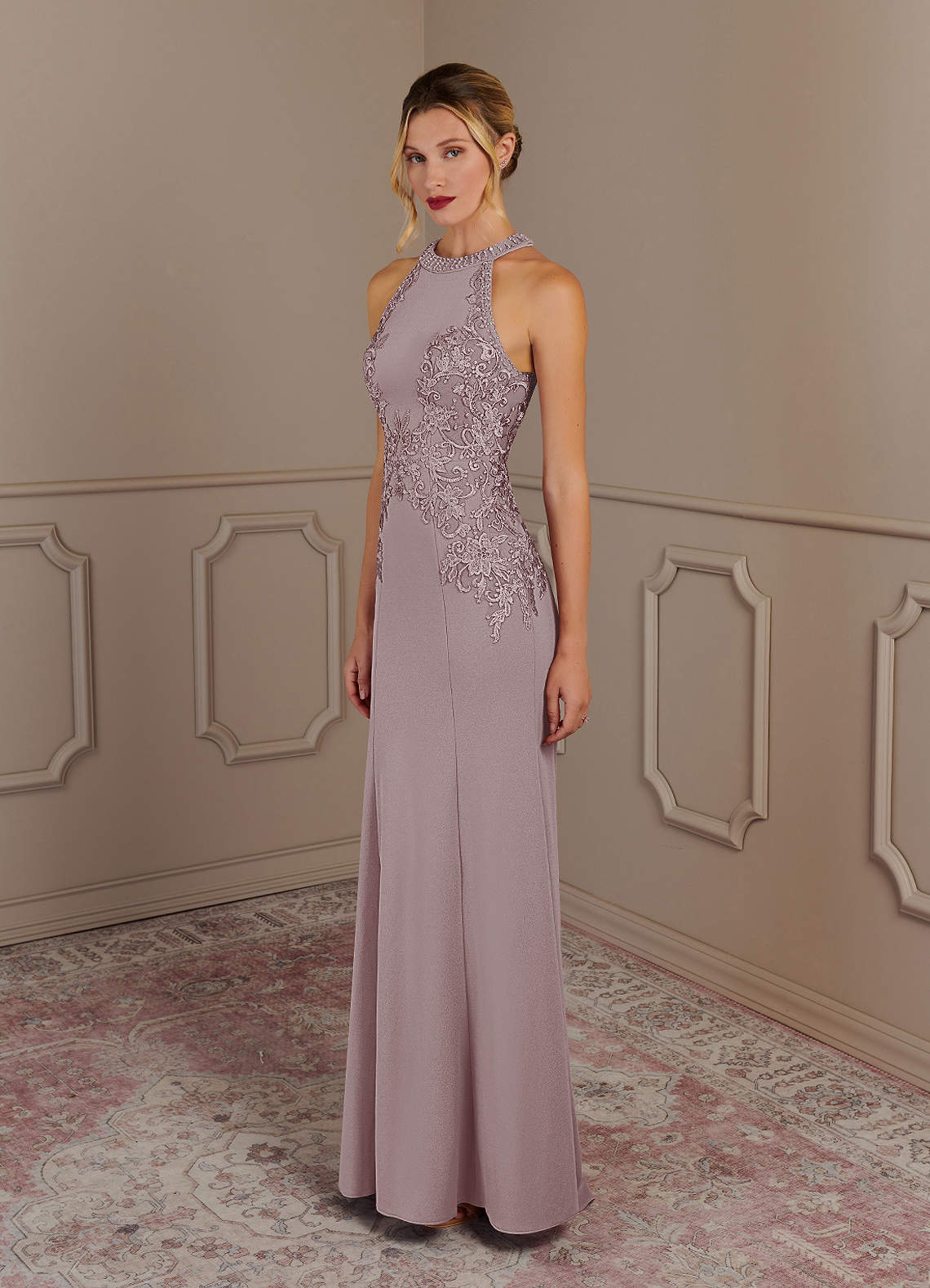 Azazie Tyra Mother of the Bride Dresses Vintage Mauve Mermaid Halter Lace Stretch Crepe Dress image1