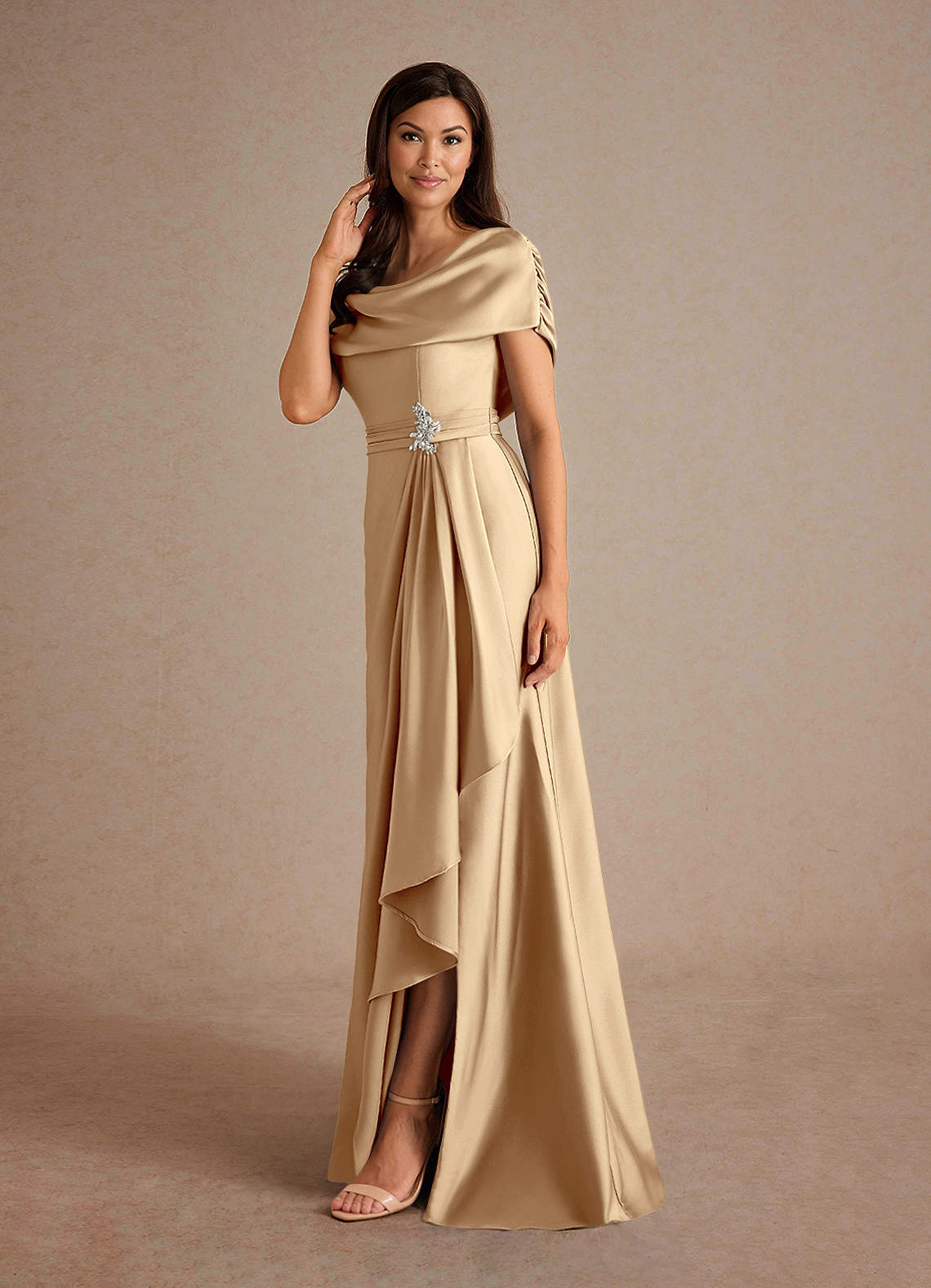 Azazie Branford Mother of the Bride Dresses Champagne A-Line Pleated Stretch Satin Dress image1