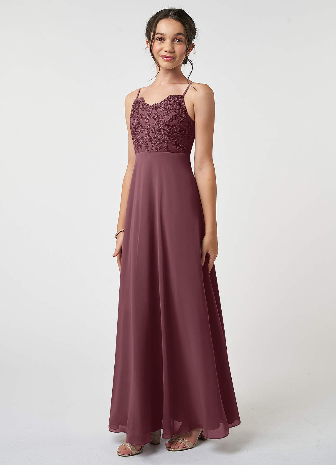 Azazie Sonya Junior Sangria A-Line Lace Chiffon Dress image1