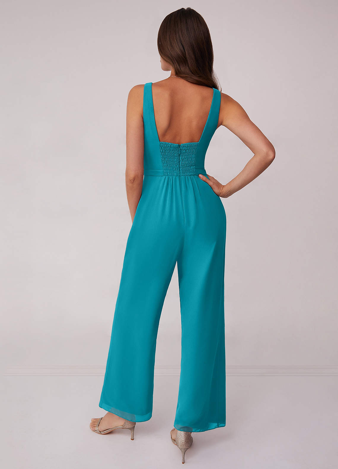 Jade Shirred V Neck Chiffon Jumpsuit Bridesmaid Dresses Azazie 6710