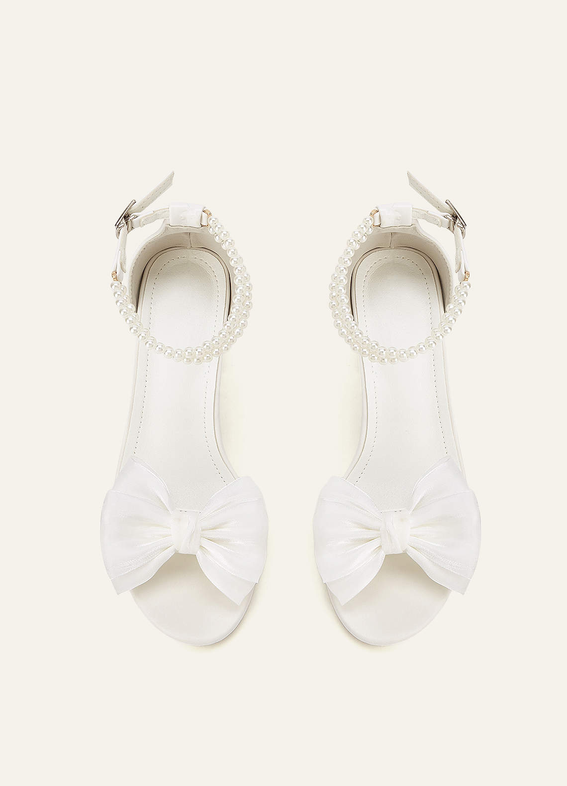 front Satin Bow & Pearl Ankle Strap Block Heel Sandals