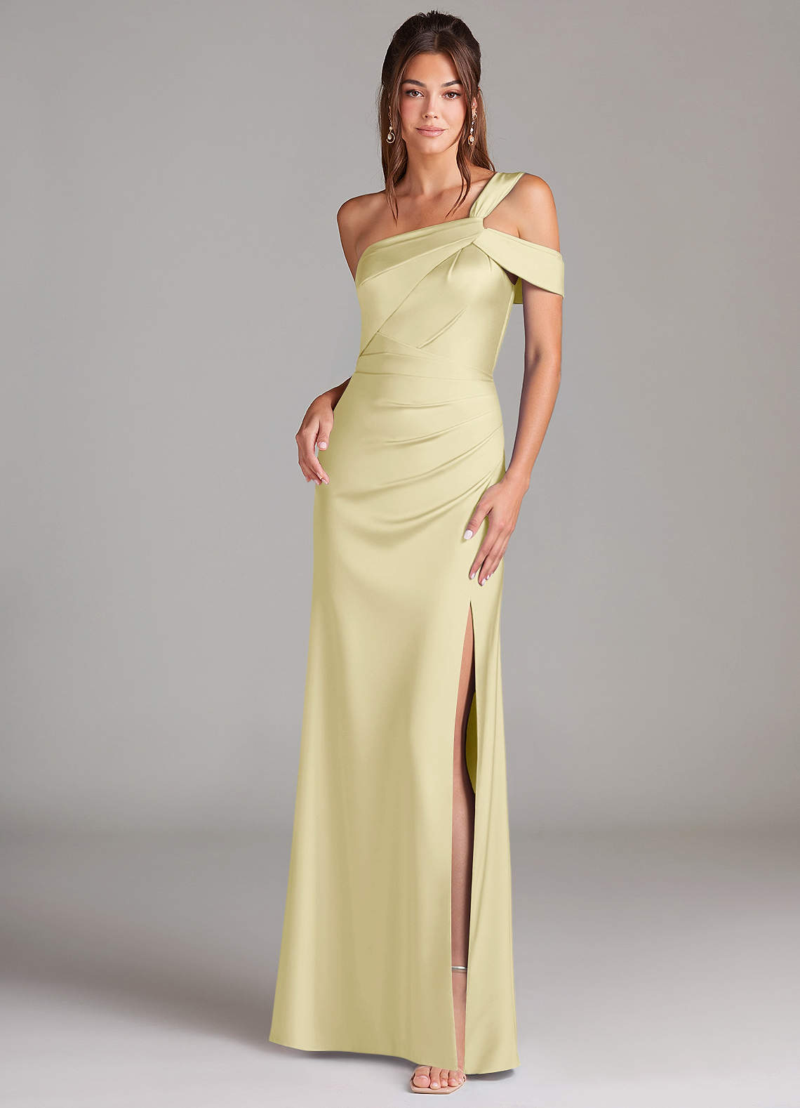 Azazie Wynter Brautjungfernkleider Etui One-Shoulder Stretch-Satin Kleid Zitronensorbet image1
