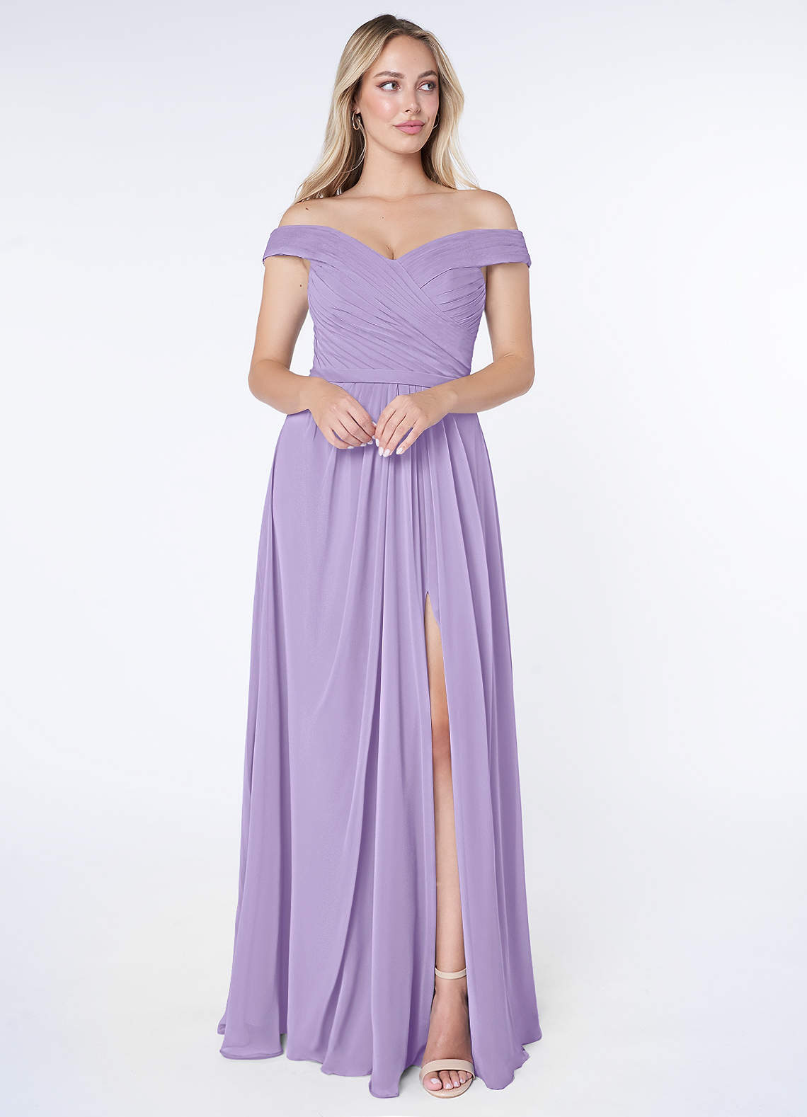 Azazie Audrianna Bridesmaid Dresses Lilac A-Line Off-The-Shoulder Gathered Chiffon Convertible Dress image1