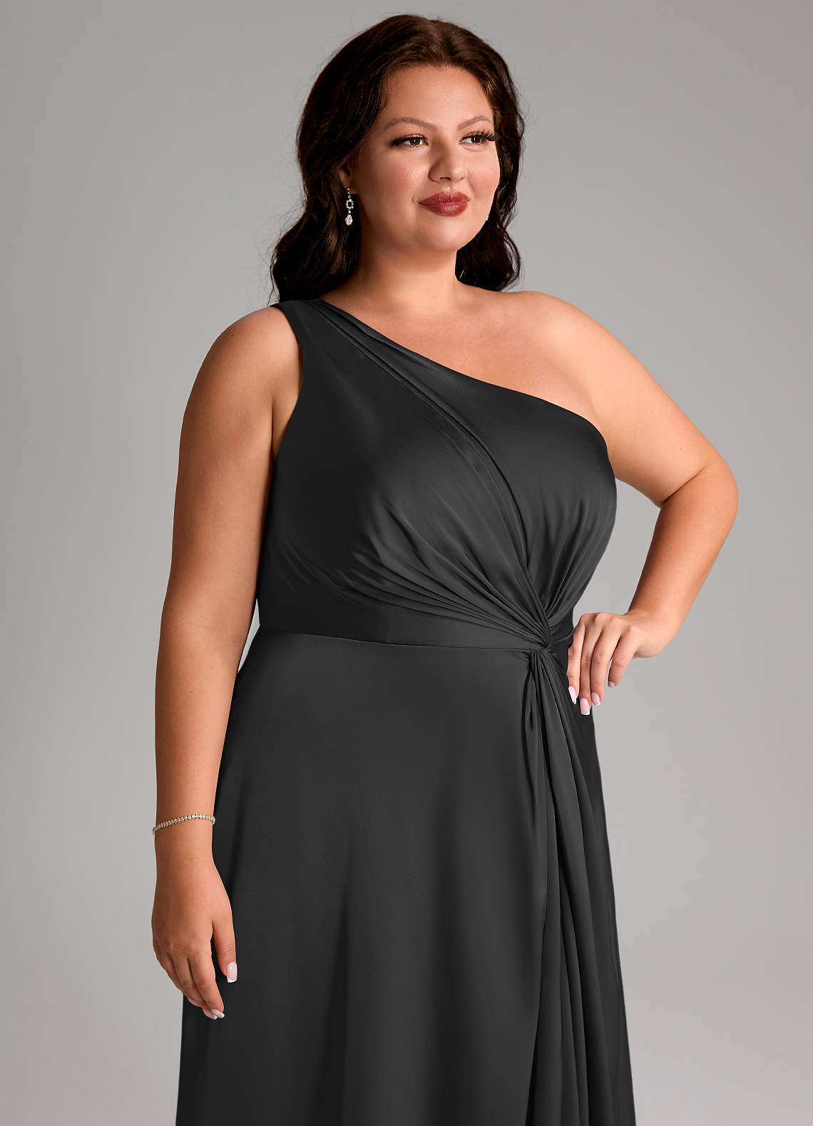 Azazie Brooke Bridesmaid Dresses Black A-Line One Shoulder Stretch Satin Dress image12