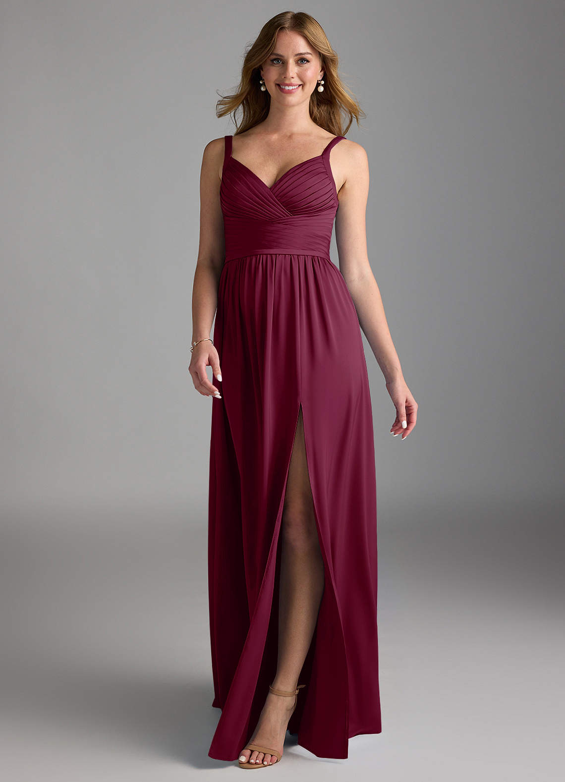 Azazie Chanel Bridesmaid Dresses Mulberry A-Line Pleated Stretch Satin Dress image1