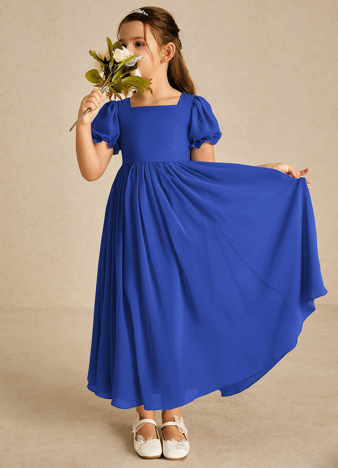 Azazie Joss Flower Girl Dresses Royal Blue A-Line with Sleeves Chiffon Dress image1