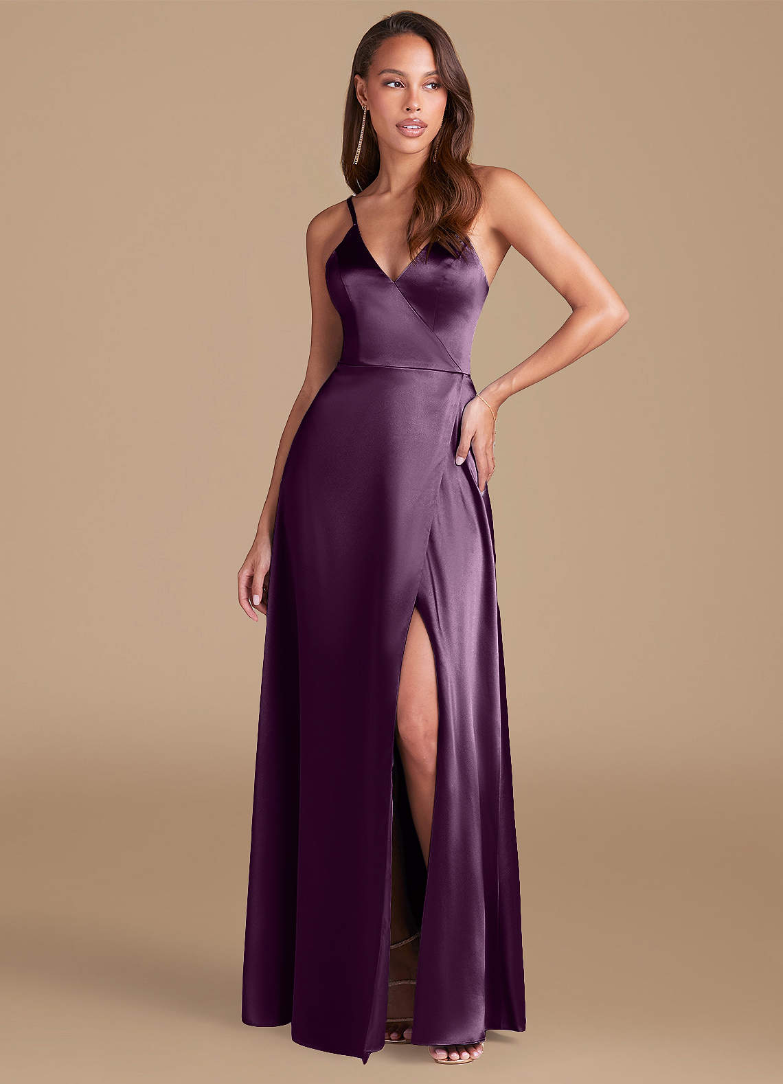 Azazie Maksim Bridesmaid Dresses Plum A-Line Metallic Satin Dress image1