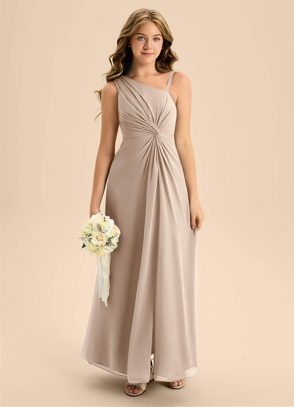 Azazie Brooke Junior Taupe A-Line Side Slit Chiffon Dress image1
