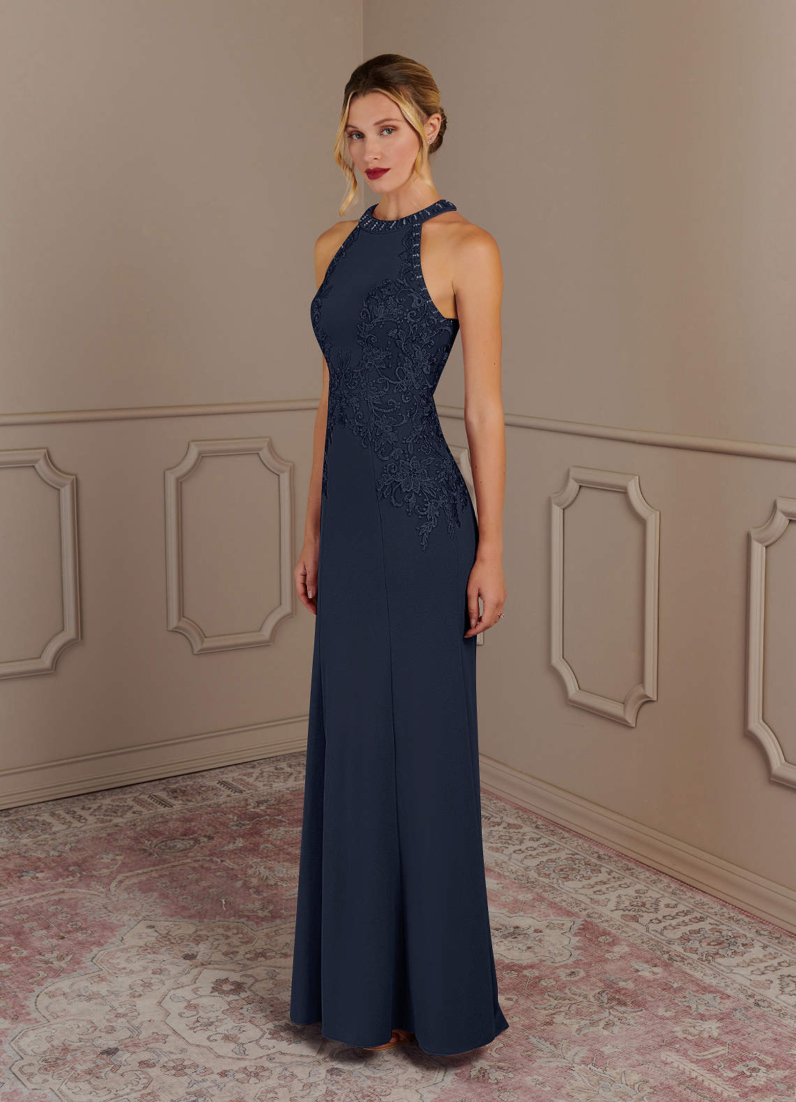 Azazie Tyra Mother of the Bride Dresses Dark Navy Mermaid Halter Lace Stretch Crepe Dress image1