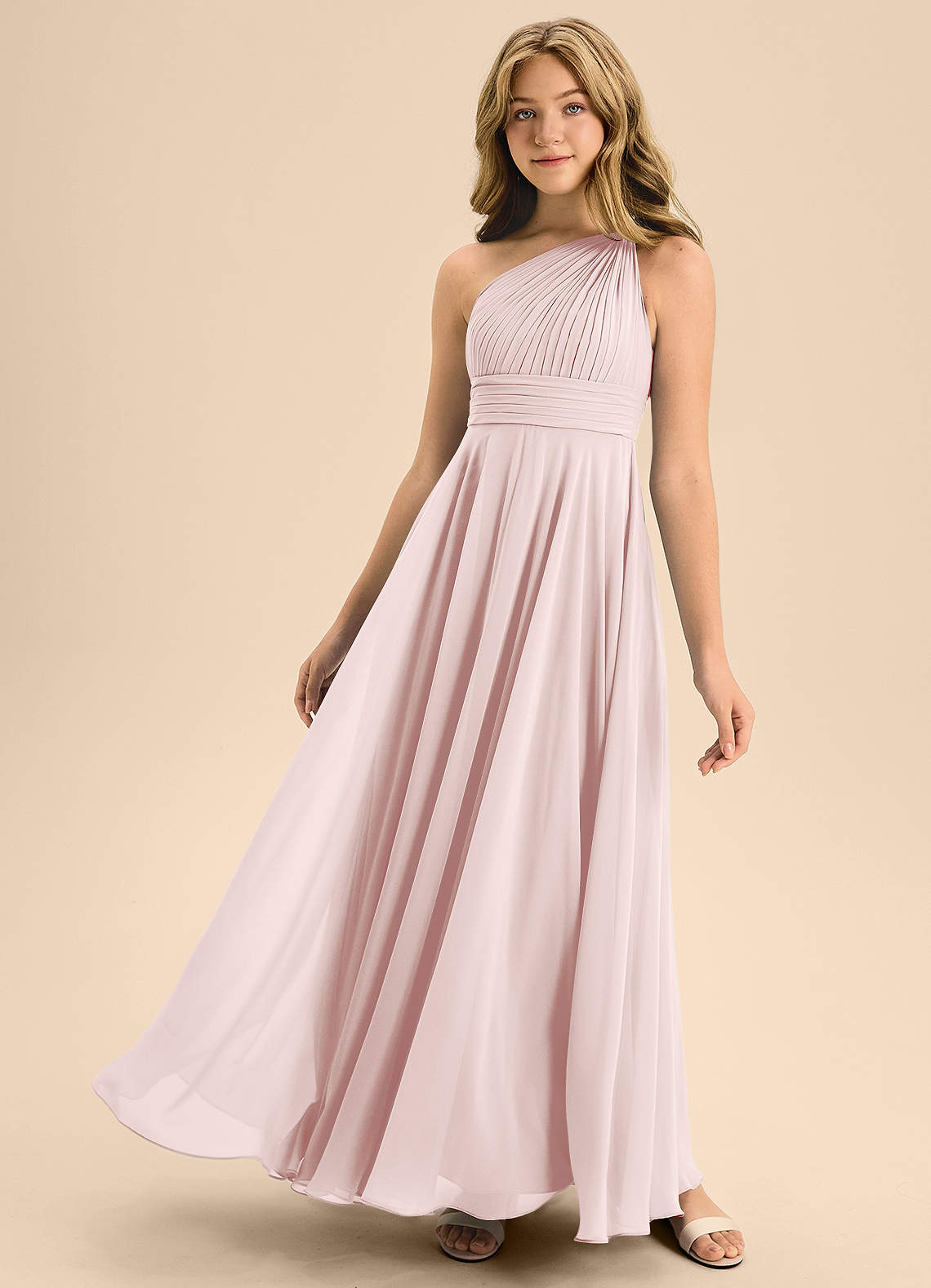 Azazie Charlize Junior Blushing Pink A-Line Pleated Chiffon Dress image1
