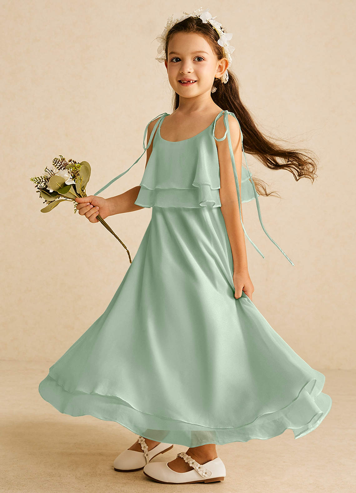 Azazie Temi vestidos de niña de las flores Vestido de Agave de Gasa de Corte En A con Tirante Espagueti image1