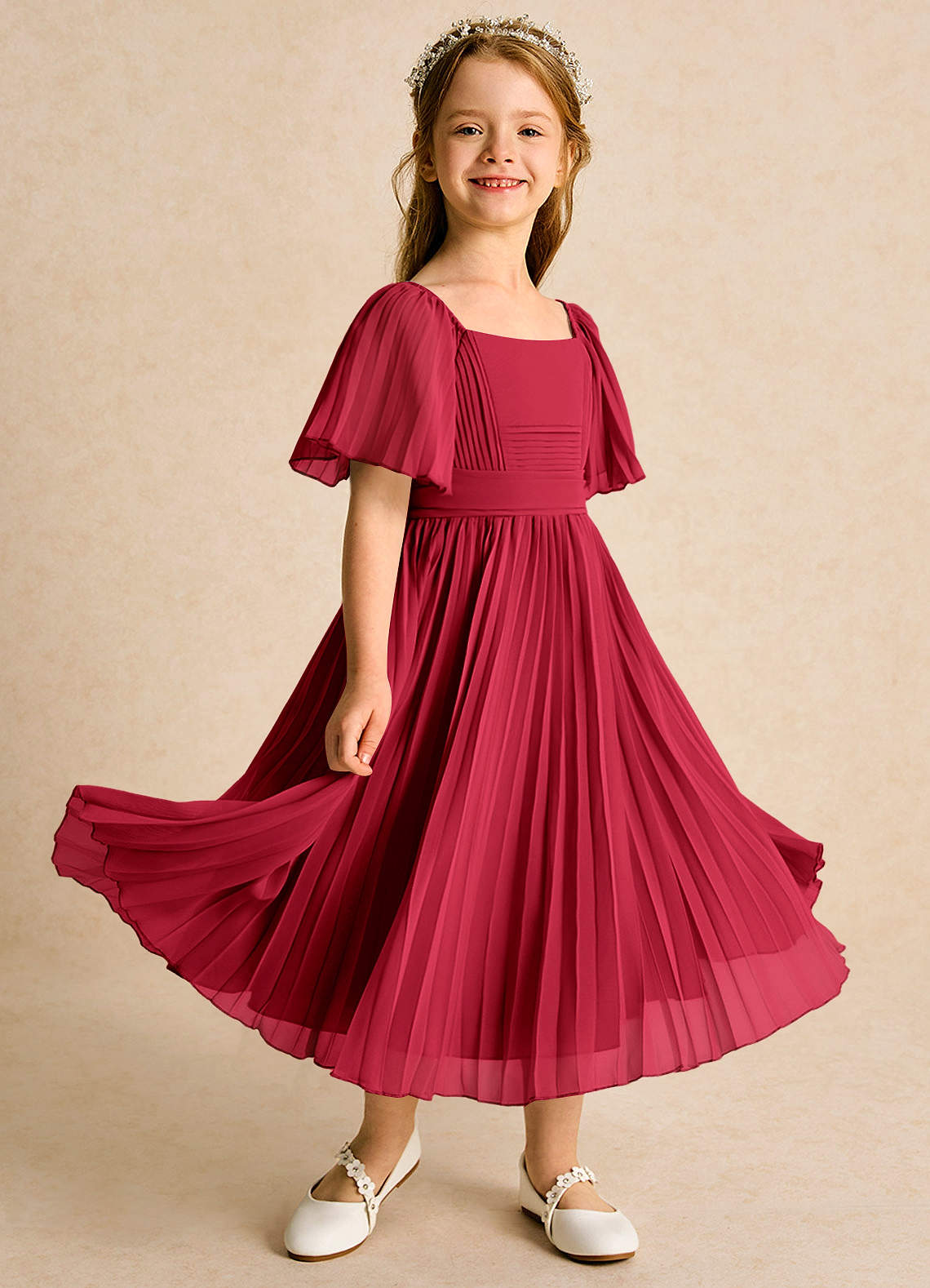 Azazie Gisele Abiti da Ragazza di Fiori Abito A-Line in Chiffon Plissettato Scarlatto image1