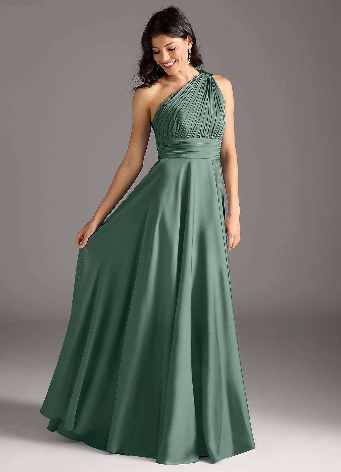 Azazie Charlize Bridesmaid Dresses Eucalyptus A-Line One Shoulder Stretch Satin Dress image1