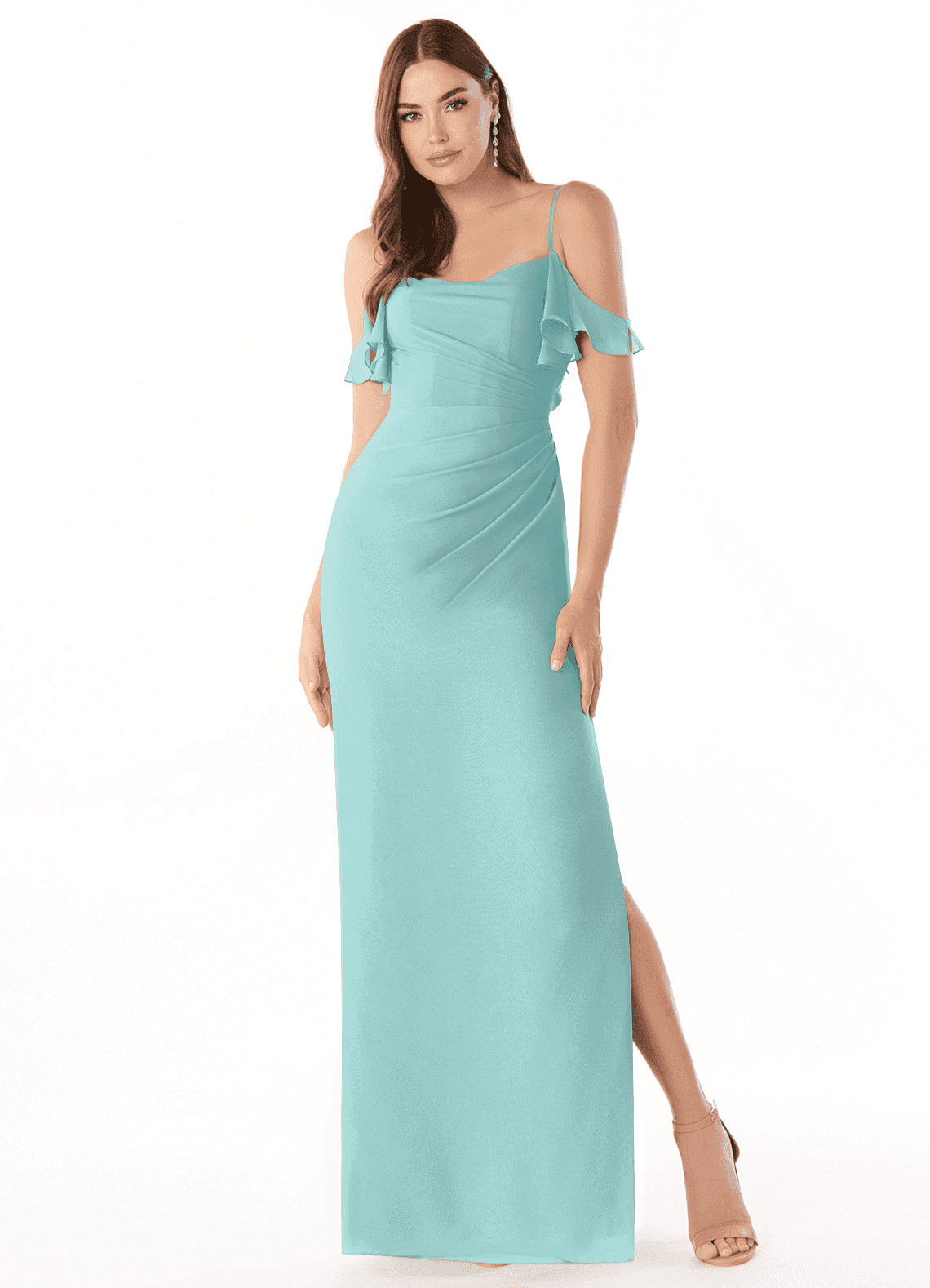 Azazie Emeralda Bridesmaid Dresses Aqua Sheath Off the Shoulder Chiffon Dress image1