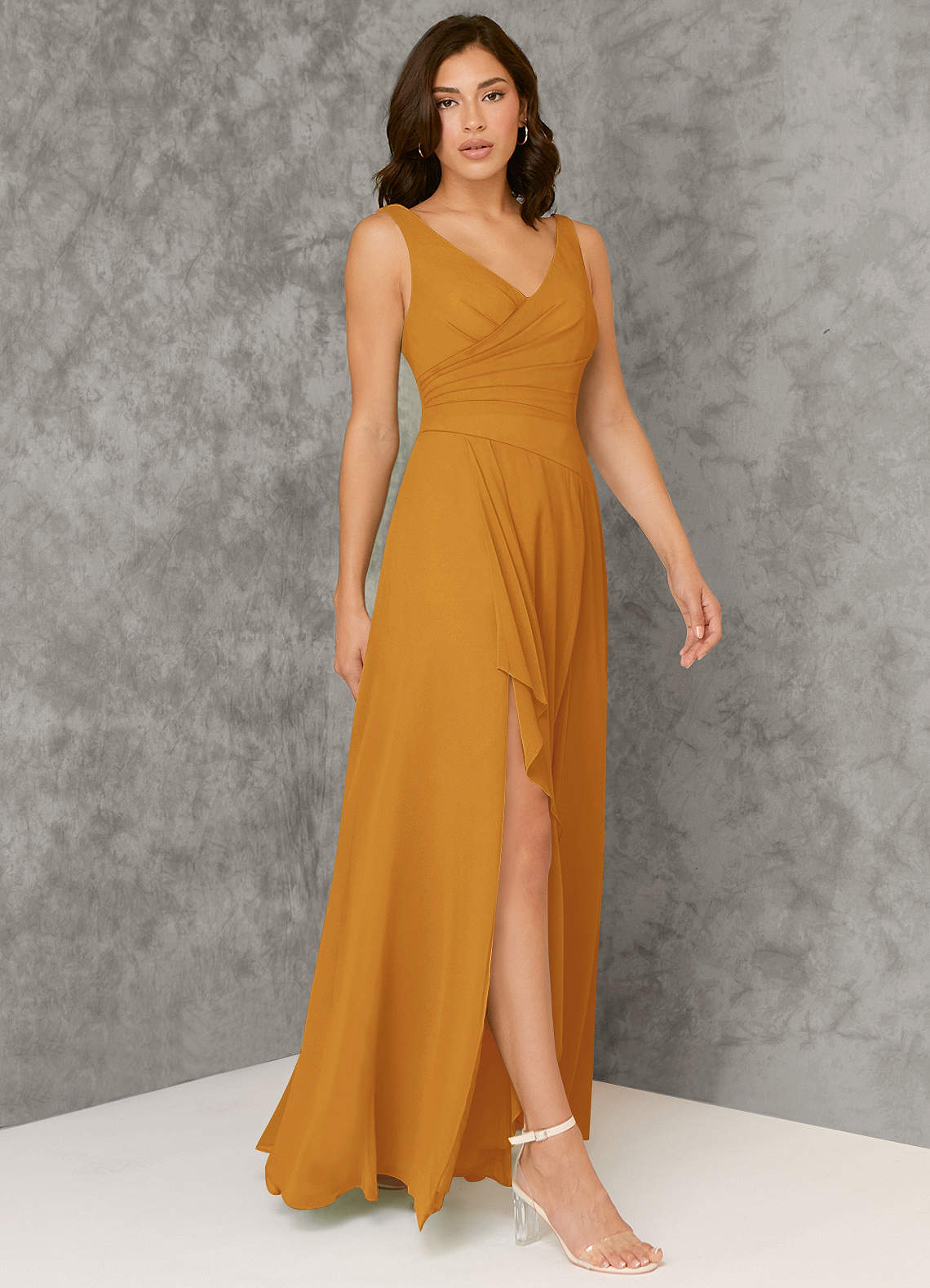 Azazie Kori Bridesmaid Dresses Butterscotch A-Line Pleated Chiffon Dress image1