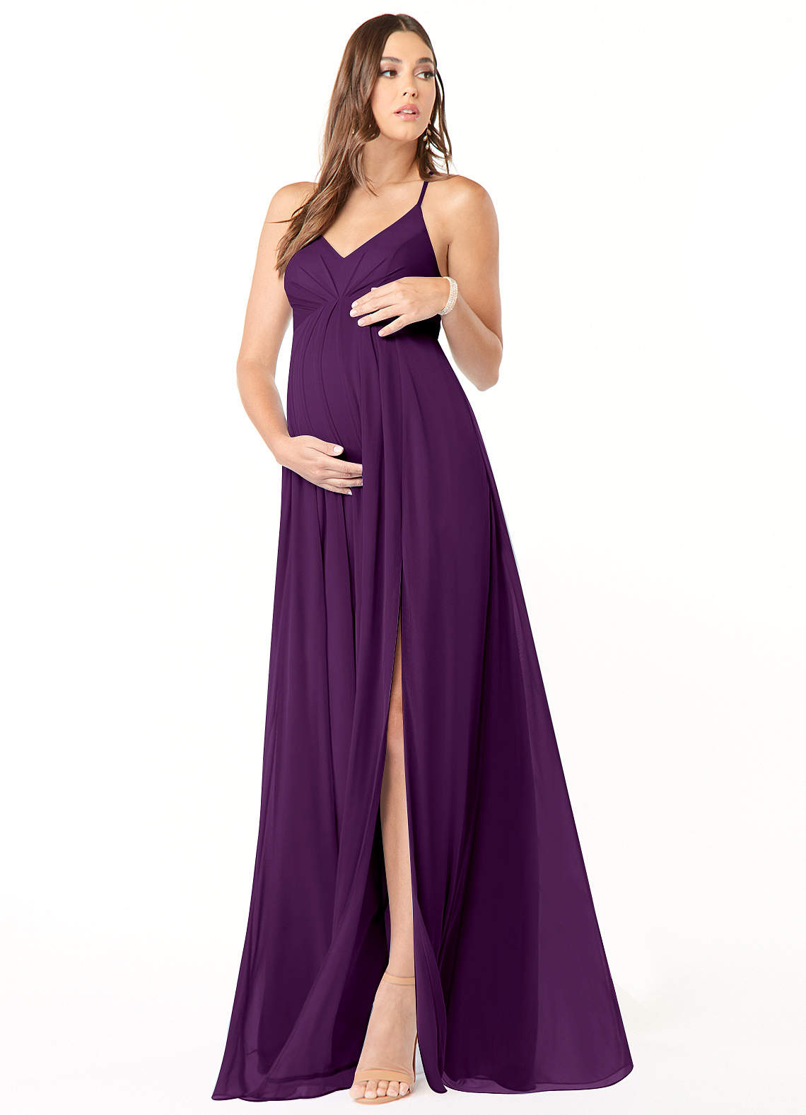 Azazie Annabelle Robes de demoiselle d'honneur de maternité Robe Trapèze Col V plissé Longueur ras du sol Maille image1