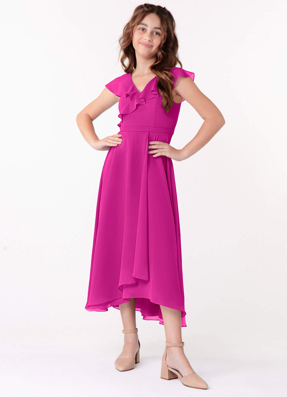 Azazie Posie Junior A-Linie Gestreift Chiffon Kleid Fuchsia image1