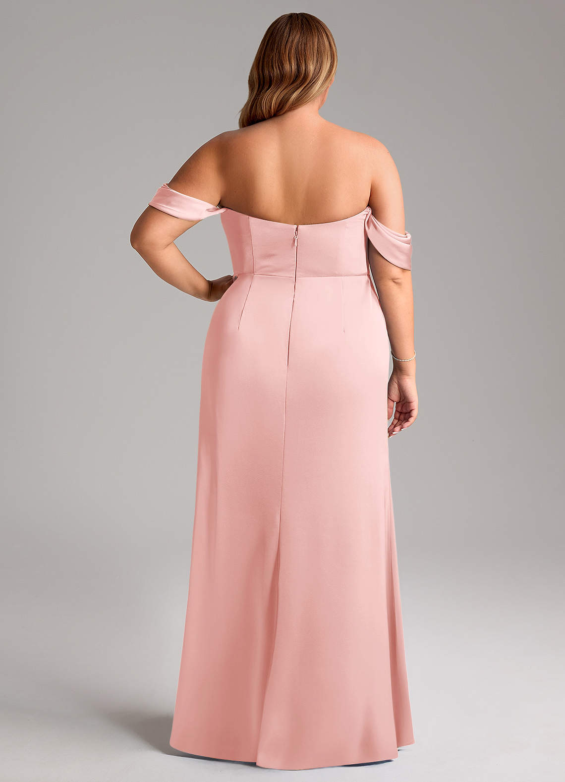 Azazie Saige At-home Try On Dresses Amethyst Sheath Off the Shoulder Stretch Satin Dress image12
