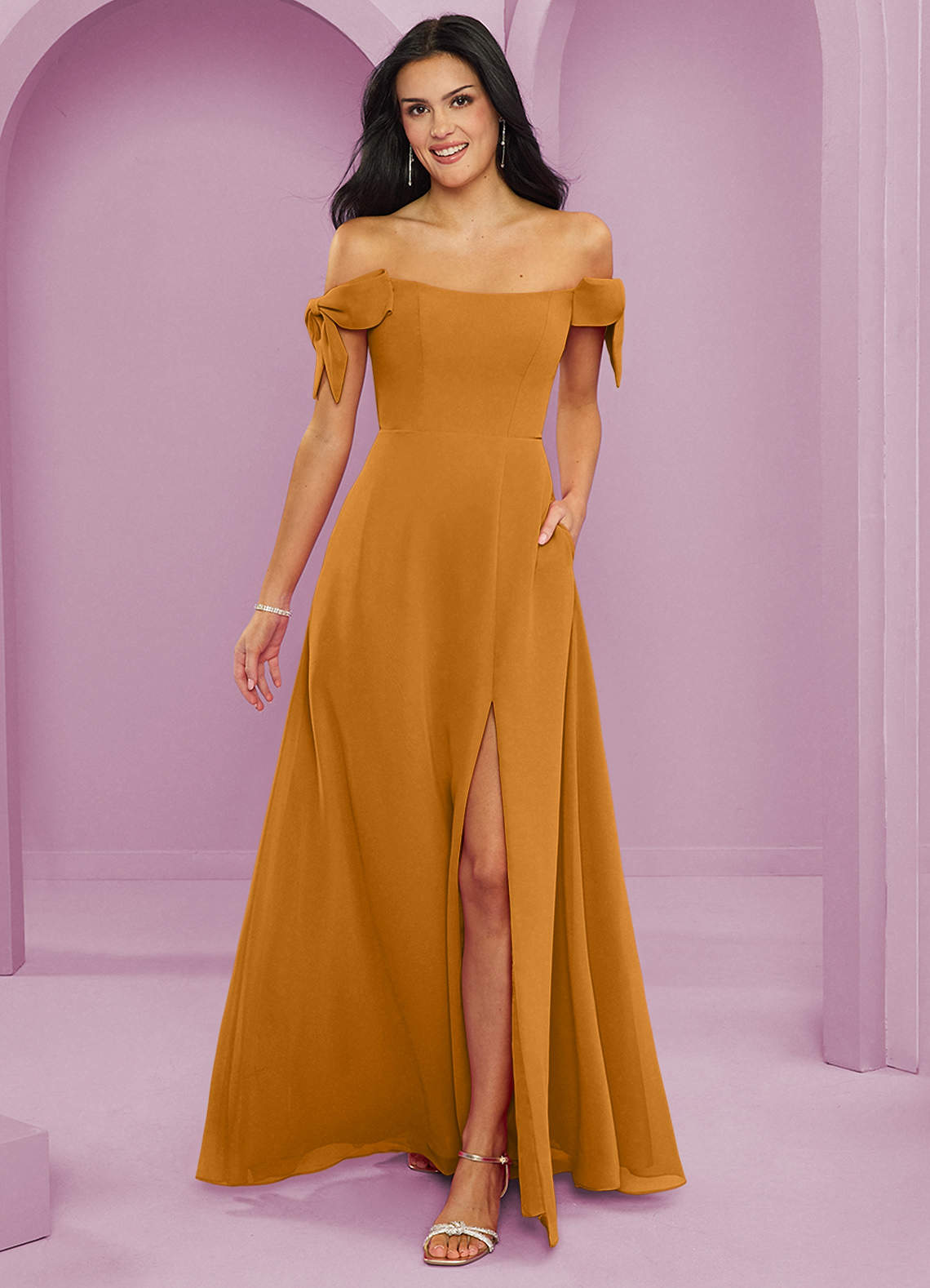 Barbie ♥ Azazie Bridesmaid Dresses Butterscotch A-Line Off the Shoulder Chiffon Convertible Dress image1