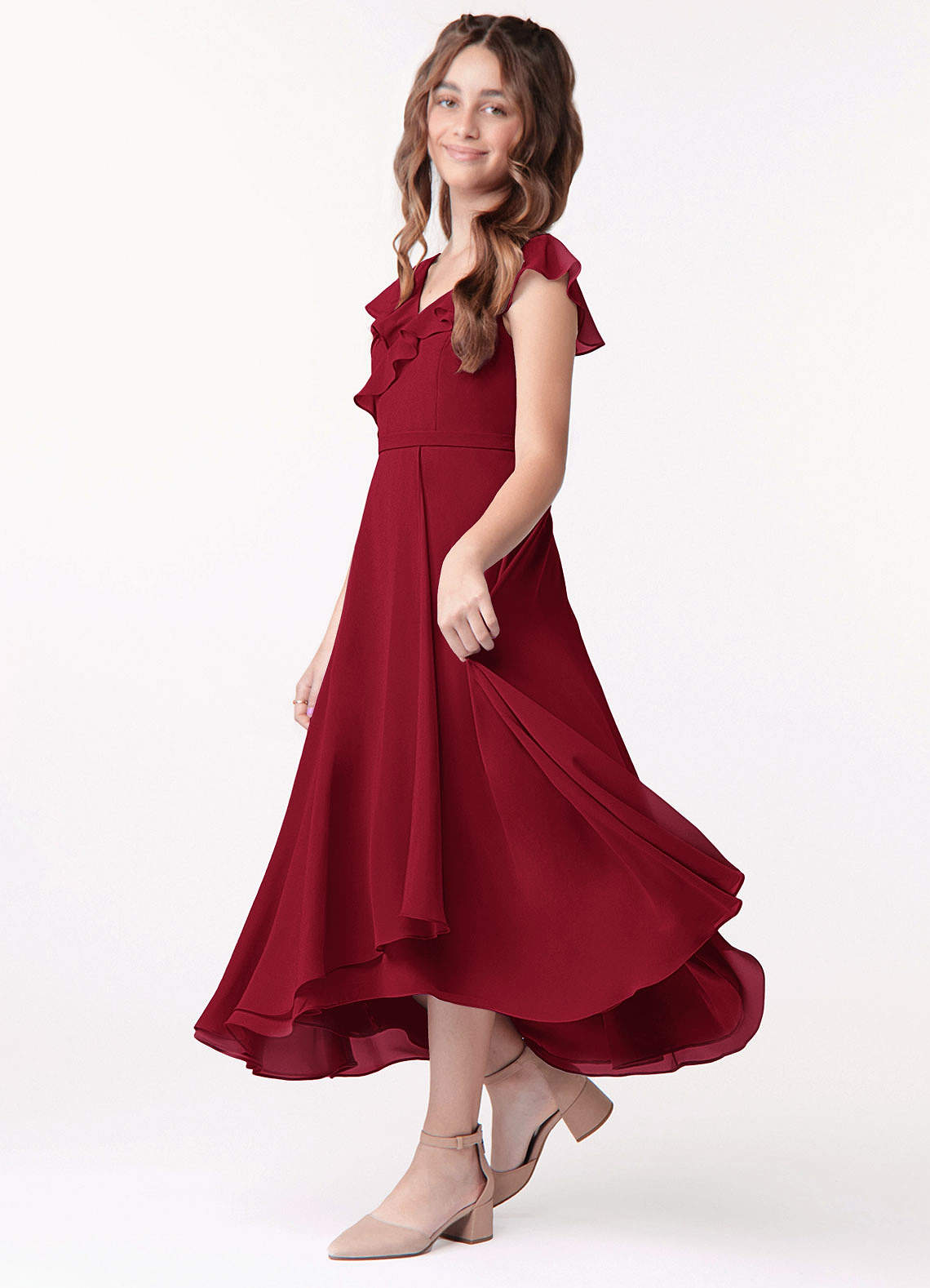 Azazie Posie Junior Burgundy A-Line Ruched Chiffon Dress image1