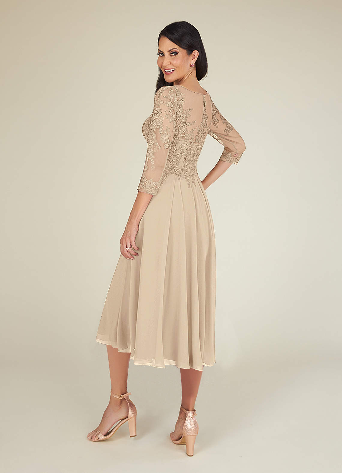 Lace 3/4 Sleeves Chiffon Tea-Length Dress Dark Green