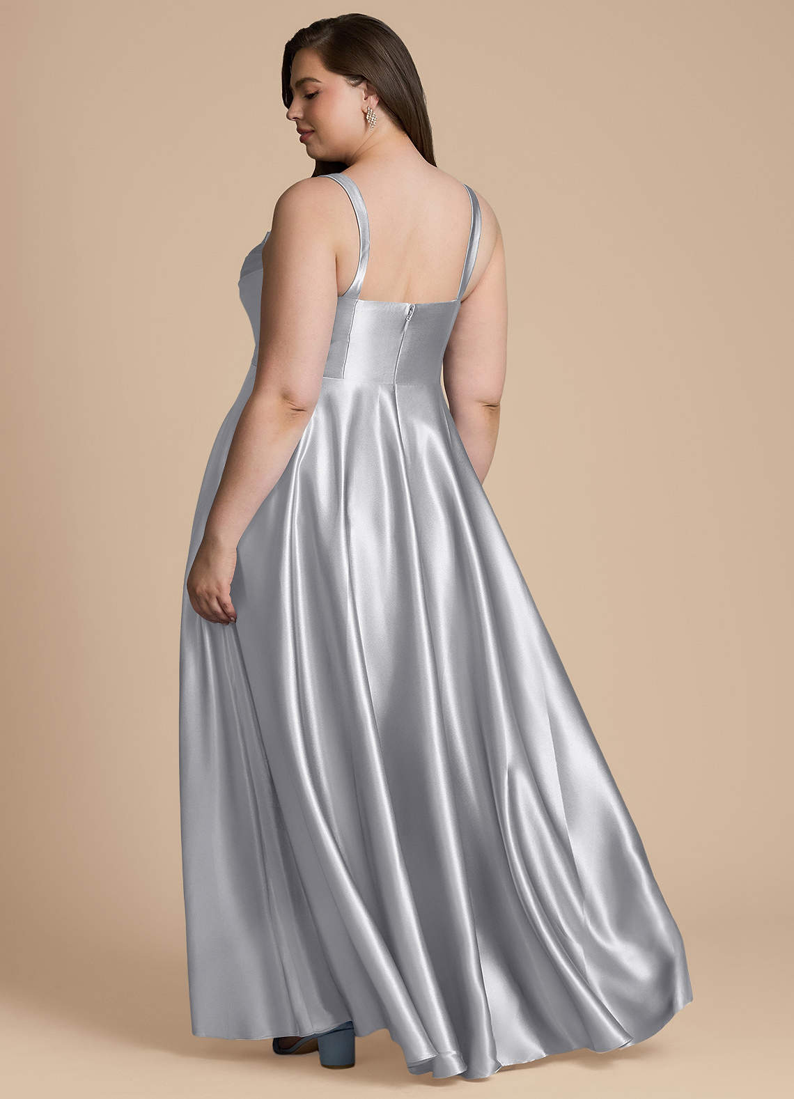 Azazie Shaude Bridesmaid Dresses Silver A-Line Pleated Metallic Satin Dress image8