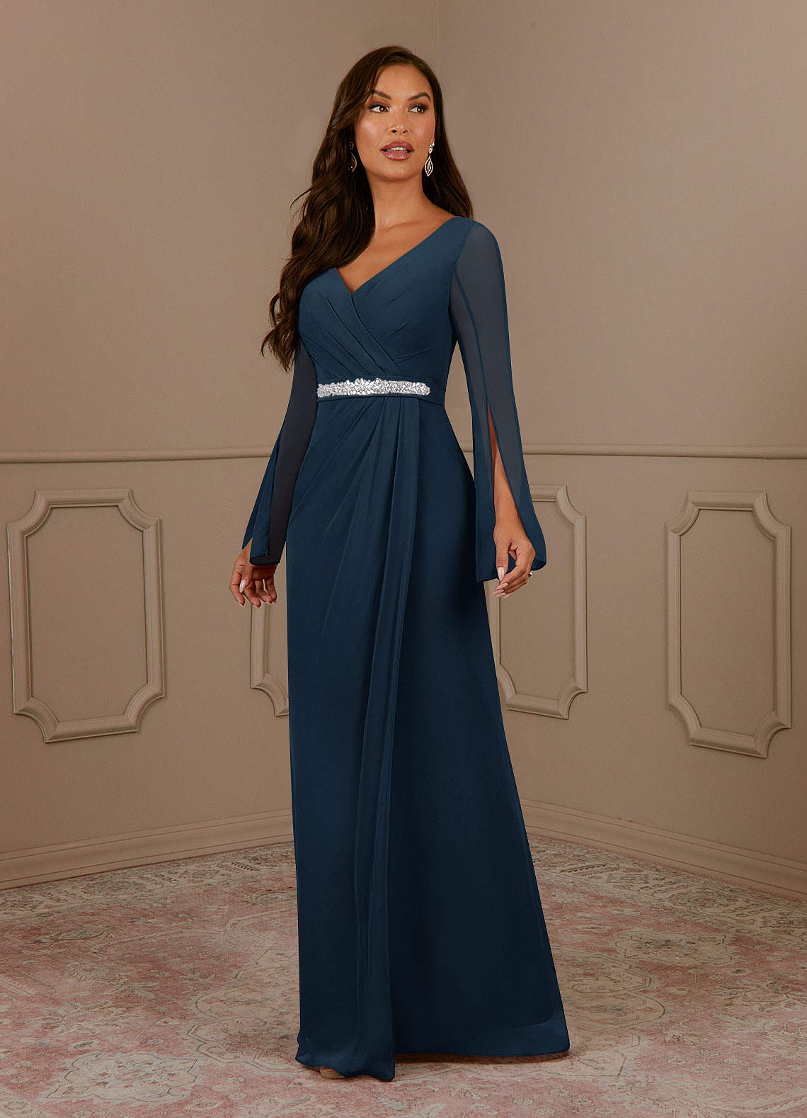 Azazie Belinda Dark Navy A-Line V-Neck Pleated Chiffon Dress