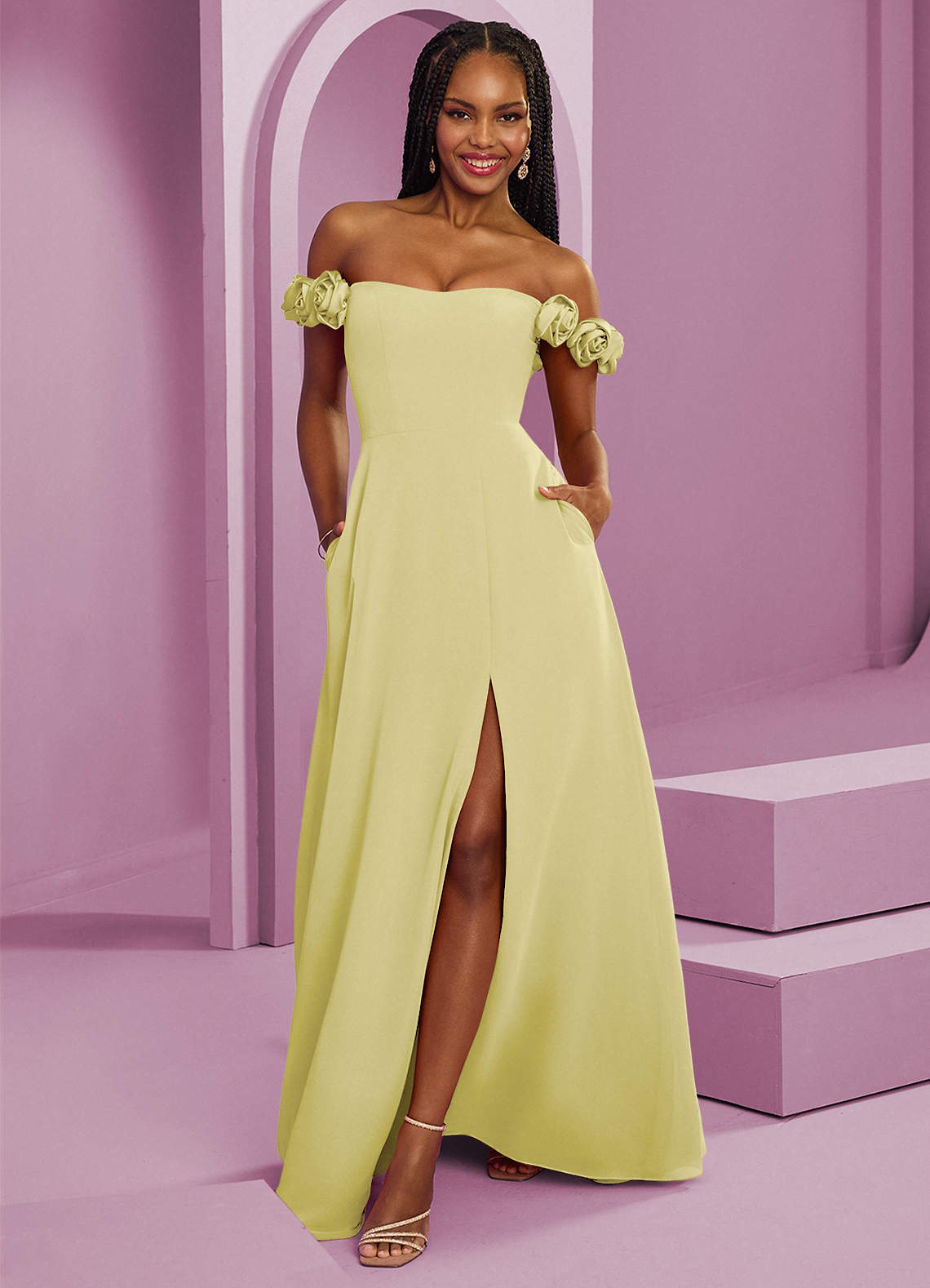 Barbie ♥ Azazie Bridesmaid Dresses Lemon Sorbet A-Line Off the Shoulder Chiffon Convertible Dress image1