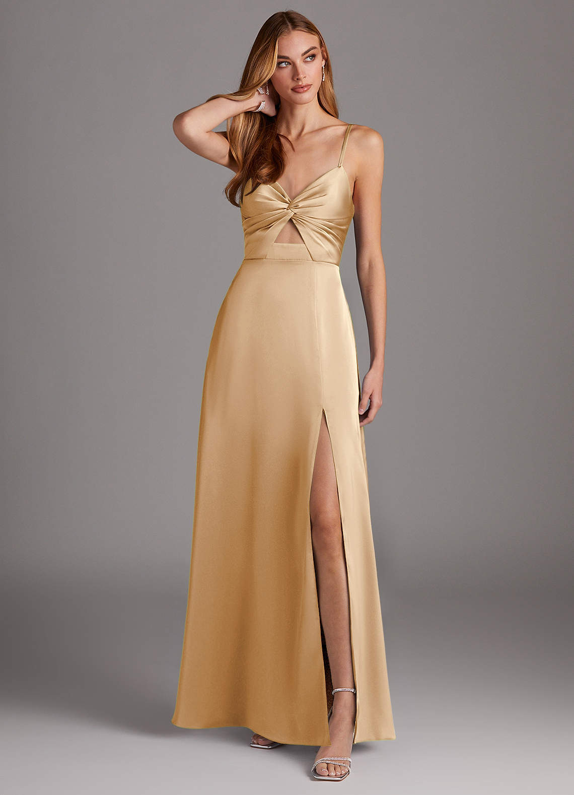 Azazie Jenna Bridesmaid Dresses Champagne A-Line Pleated Stretch Satin Dress image1