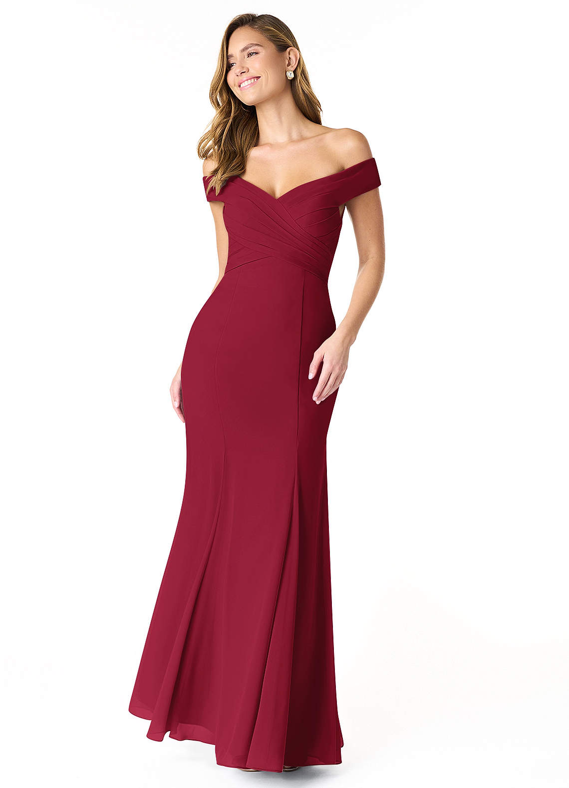 Azazie Lecia Bridesmaid Dresses Burgundy Empire Off-The-Shoulder Pleated Chiffon Convertible Dress image1