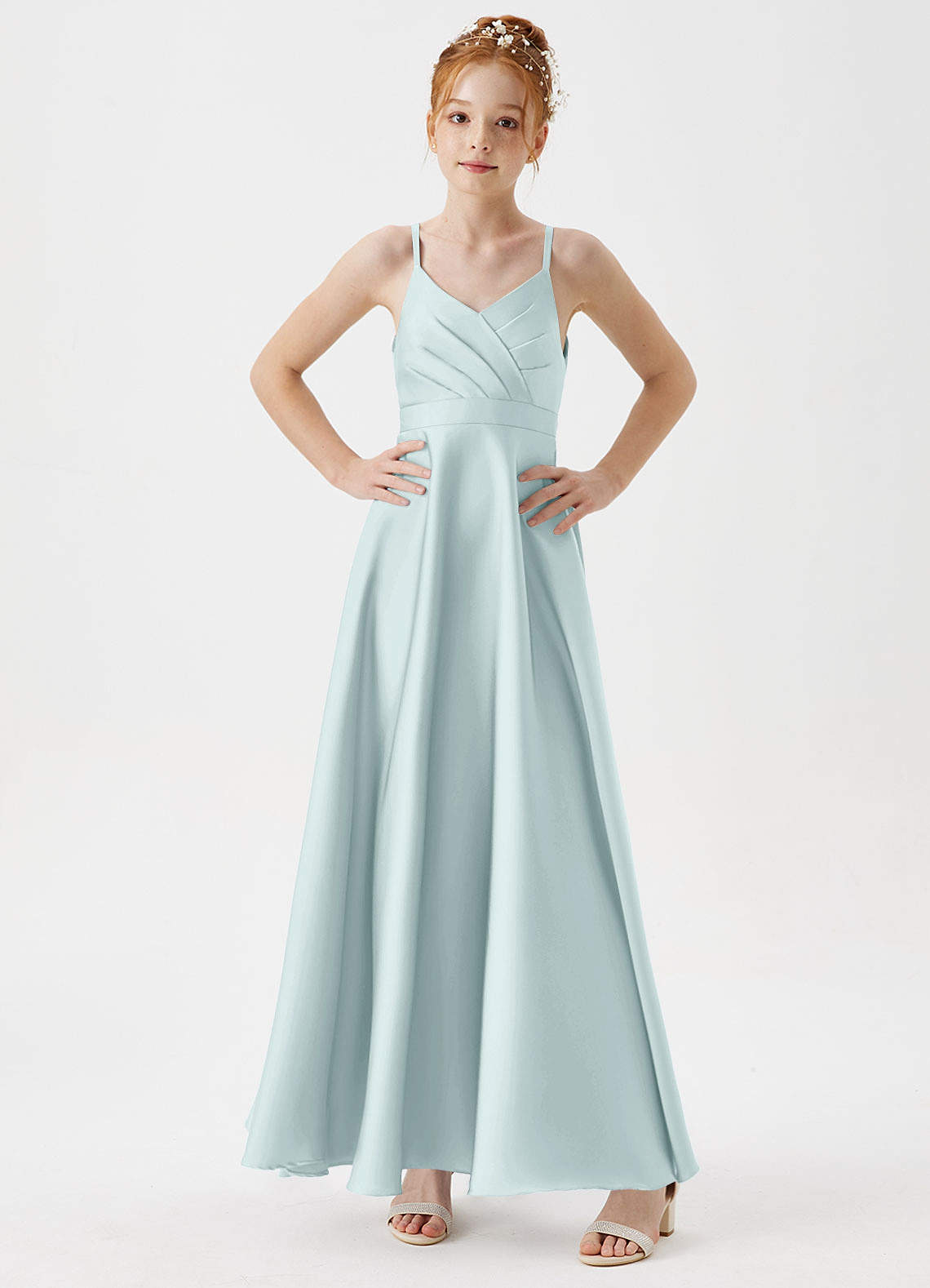 Azazie Avelina Junior Vestido de Neblina de Satén Elástico de Corte en A con Plisado image2