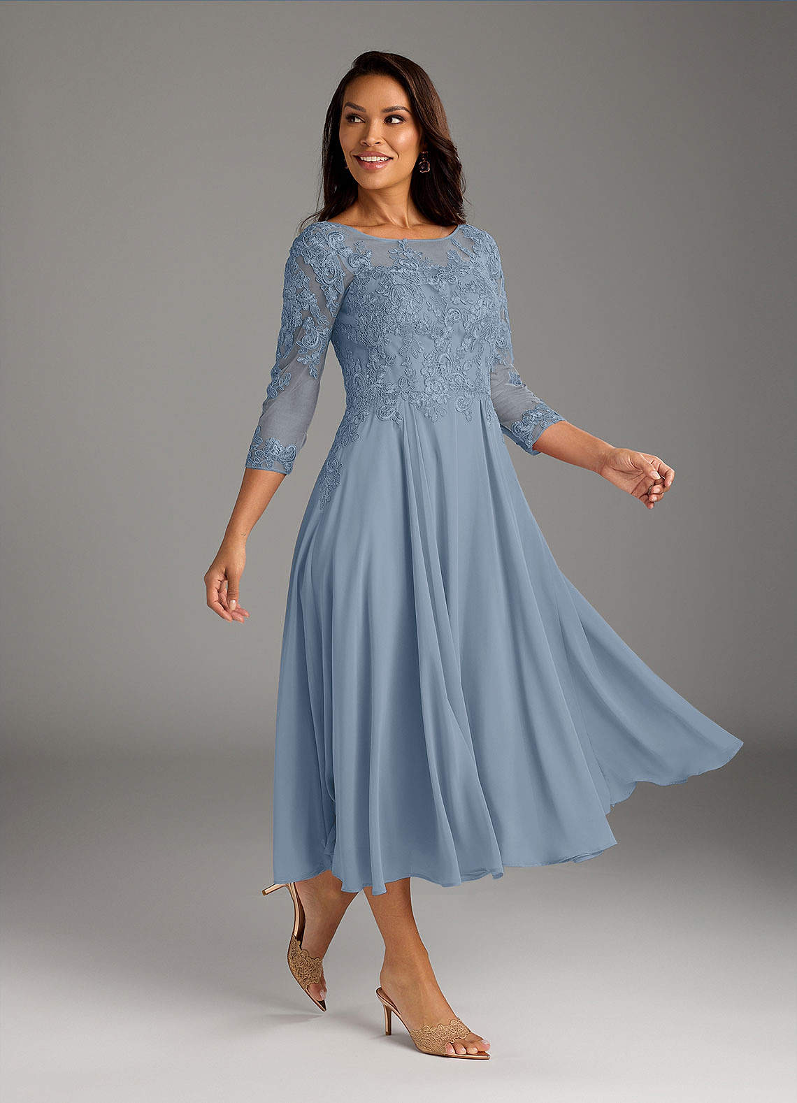 Azazie Marge Mother of the Bride Dresses Dusty Blue A-Line Scoop Lace Chiffon Dress image1