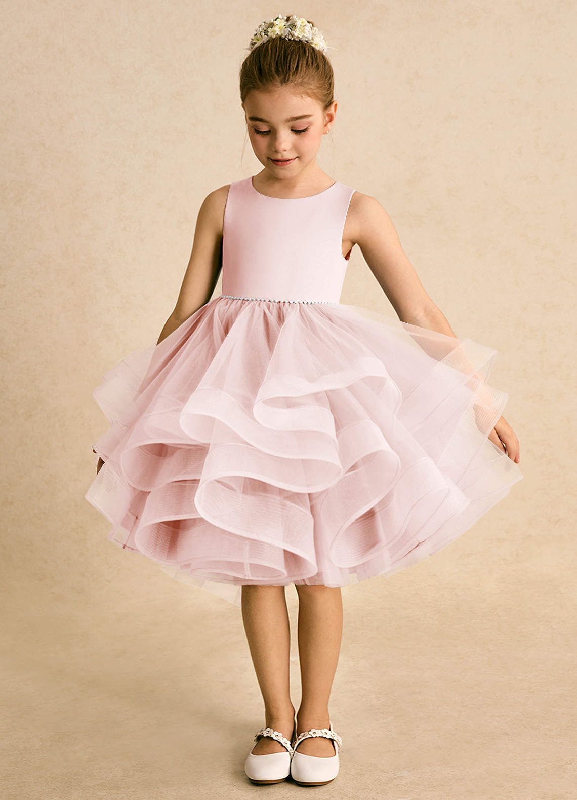 Azazie Tinie Flower Girl Dresses Blushing Pink Ball-Gown Bow Tulle Dress image4