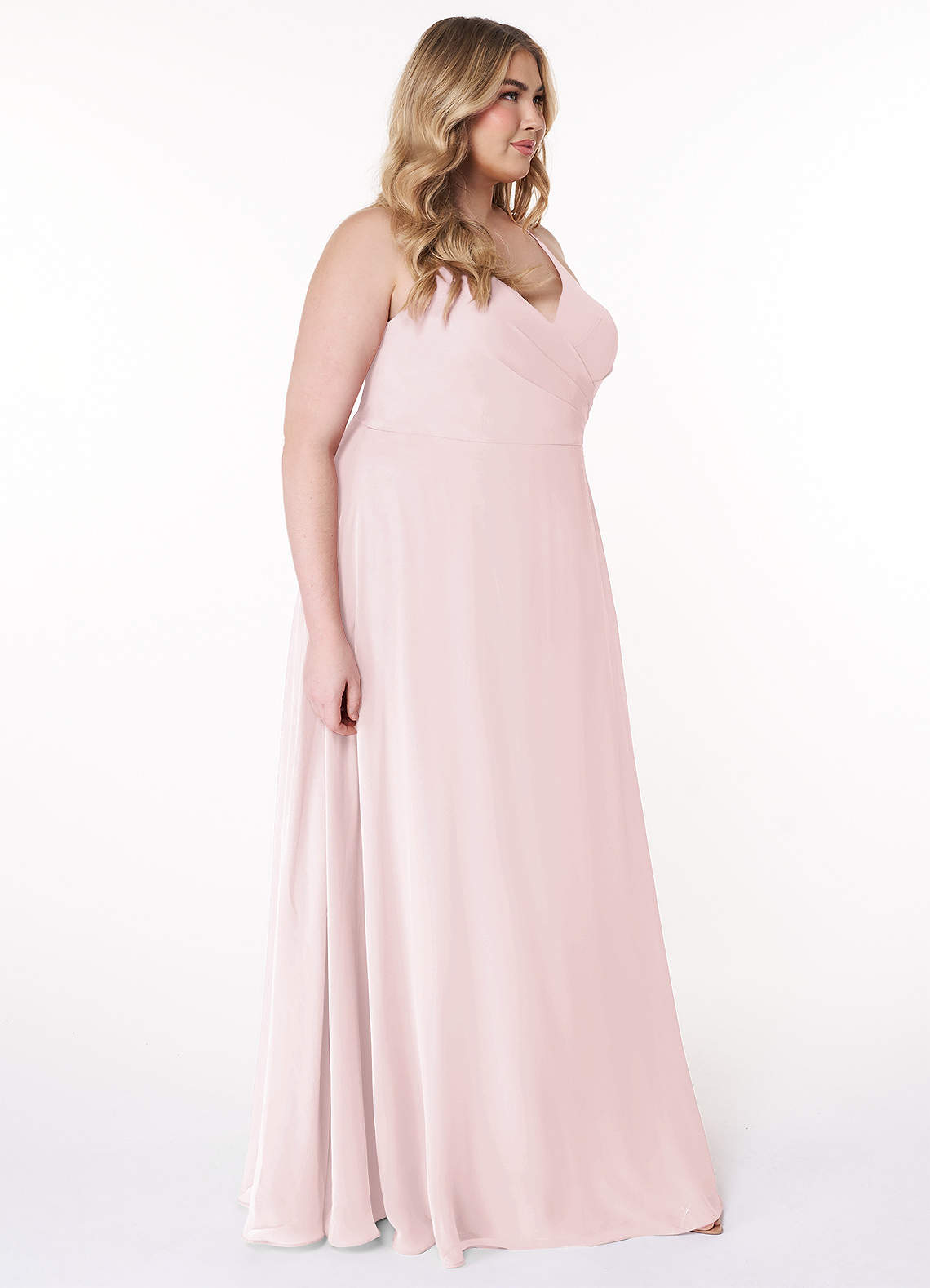 Plus Size Blush Pleated Chiffon Long Dress ($126) ❤ liked on …  Plus size  wedding dresses with sleeves, Blush pink bridesmaid dresses, Bridesmaid  dresses plus size