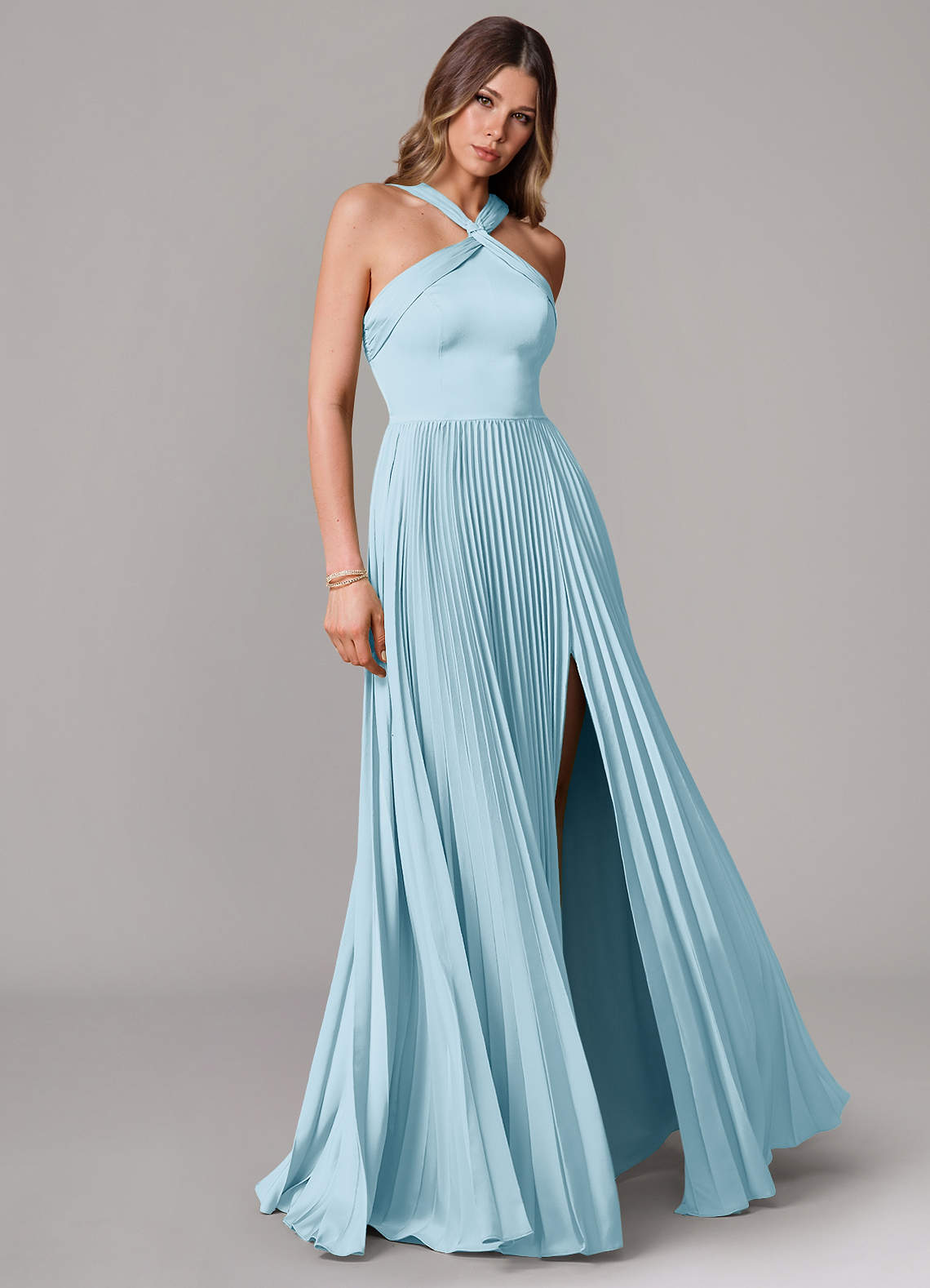 Azazie Afra Vestidos de damas de honor Vestido de Azul Cielo de Satén Elástico de Corte en A con Plisado image1