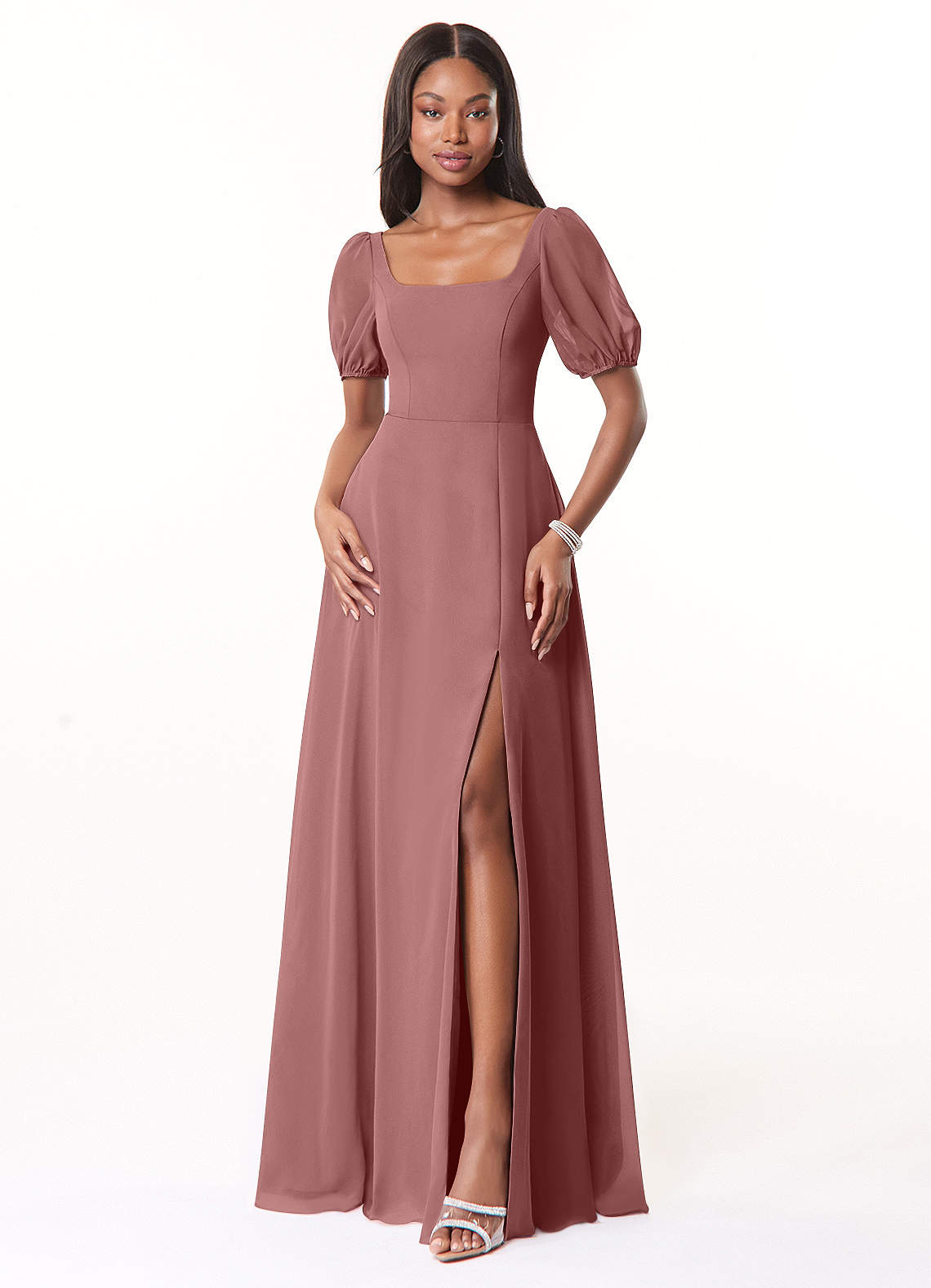 Azazie Alani Bridesmaid Dresses Desert Rose A-Line Square Neckline Chiffon Dress image1