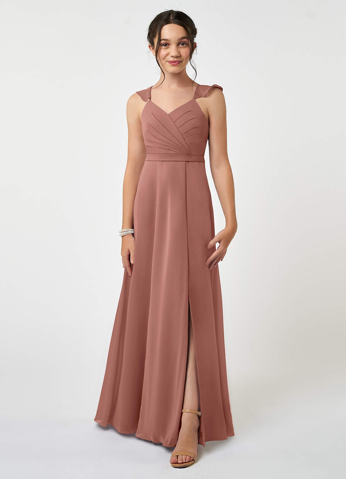 Azazie Emily Junior Cedar Rose A-Line Ruched Chiffon Dress image1